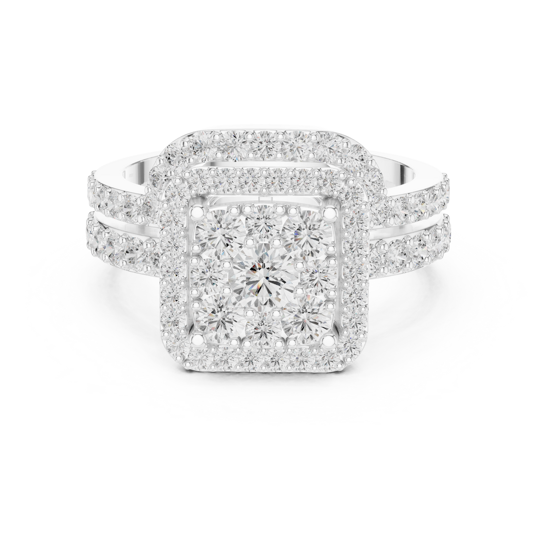 Luxury halo pendant necklace featuring center diamond surrounded by smaller stones.