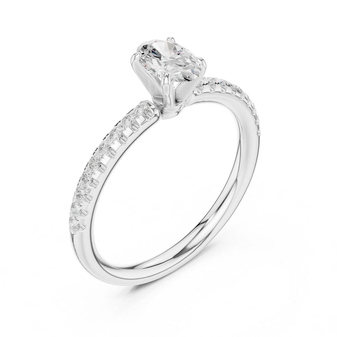 Beautiful white gold halo engagement ring featuring sparkling center diamond with pavé side stones.
