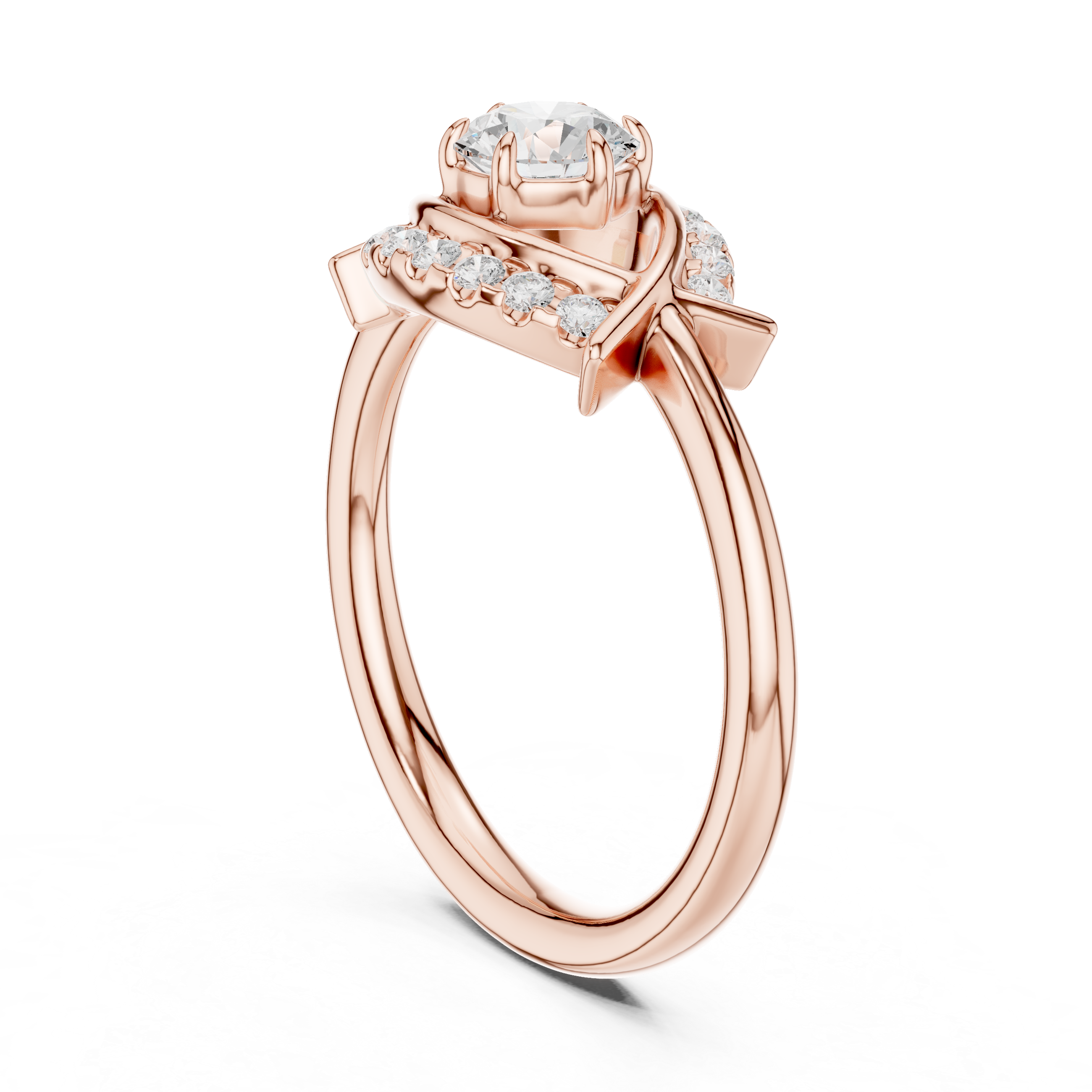 Beautiful white gold halo engagement ring featuring sparkling center diamond with pavé side stones.