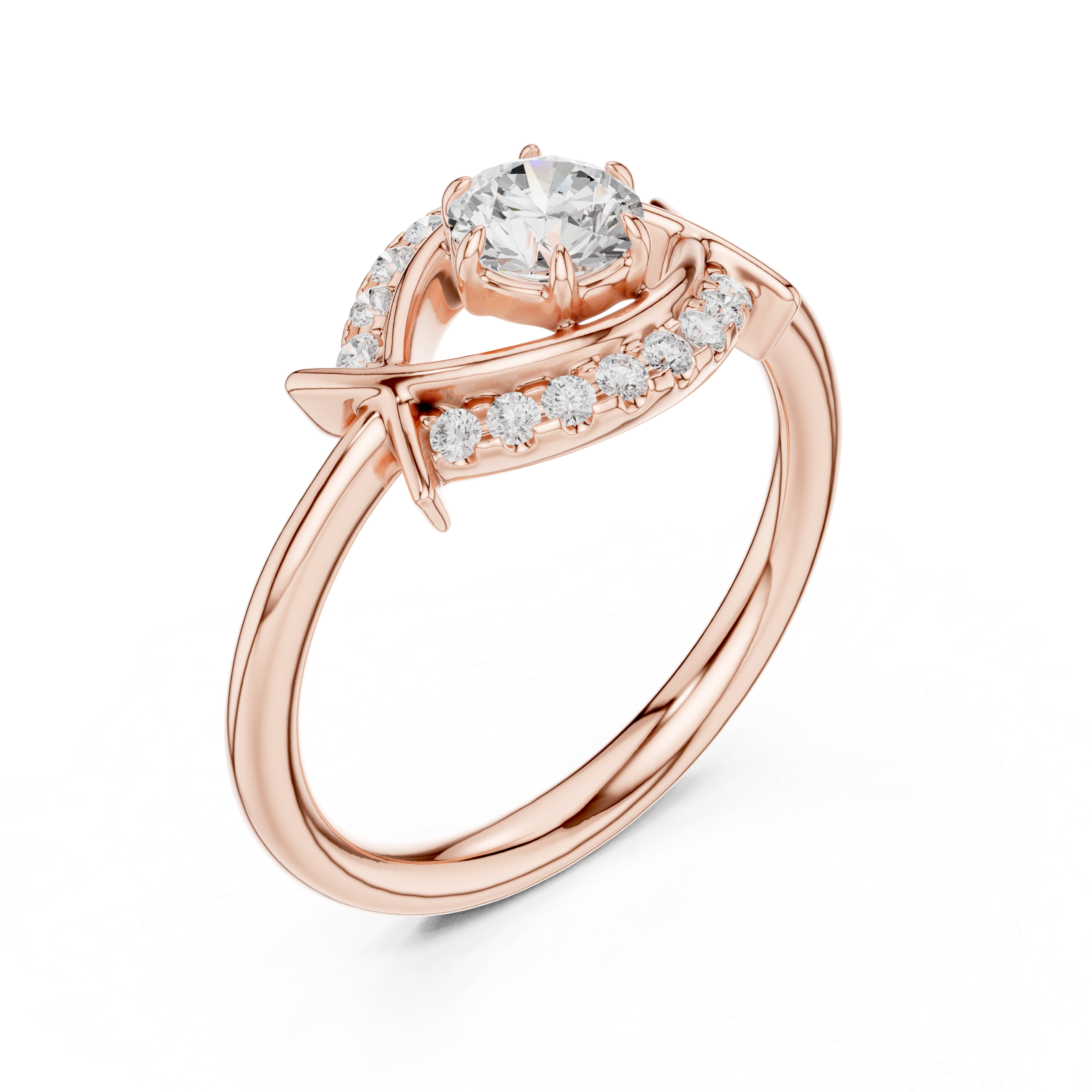 Stylish rose gold infinity ring with delicate diamond accents and modern minimalist finish.