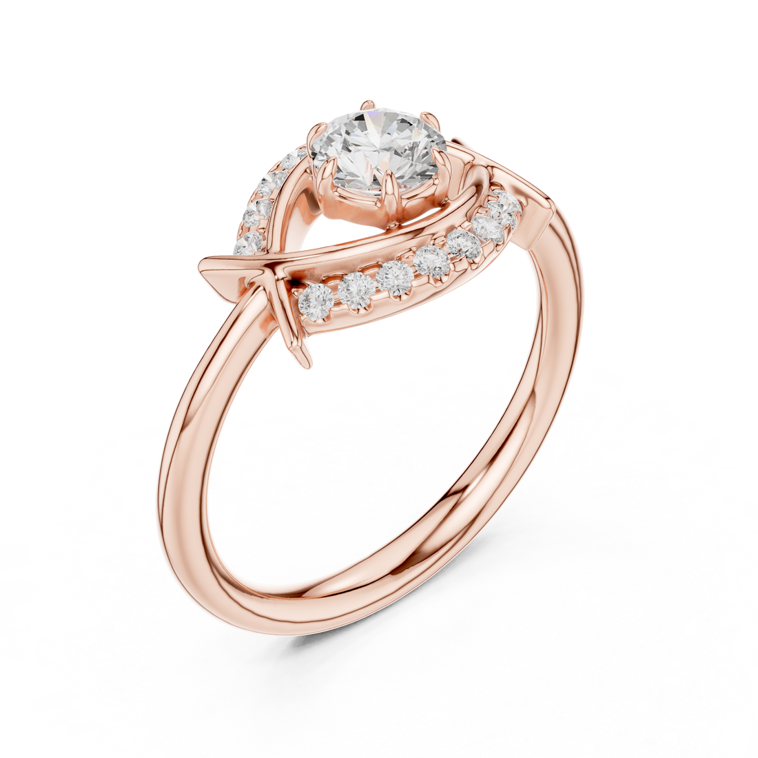 Stylish rose gold infinity ring with delicate diamond accents and modern minimalist finish.