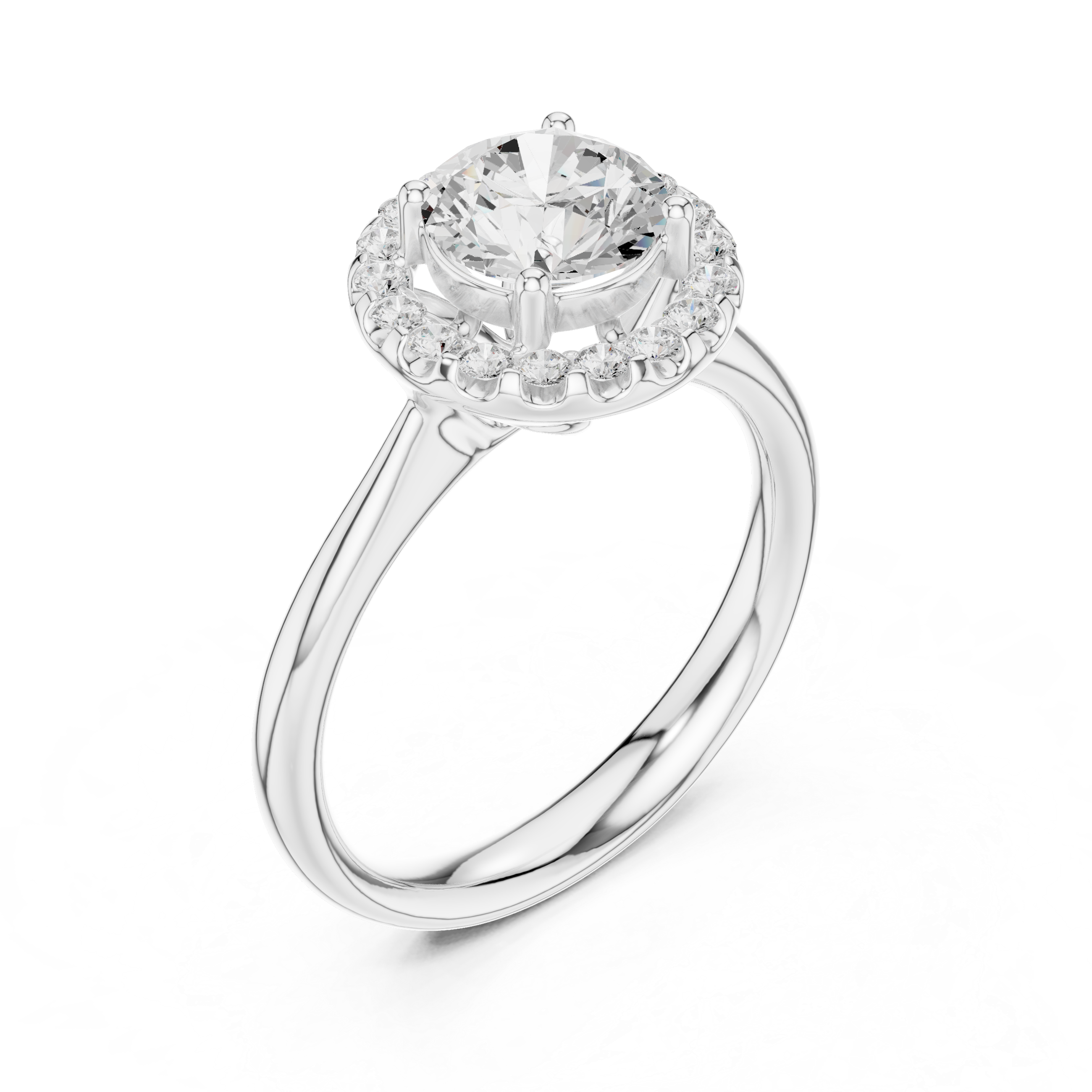 Beautiful white gold halo engagement ring featuring sparkling center diamond with pavé side stones.