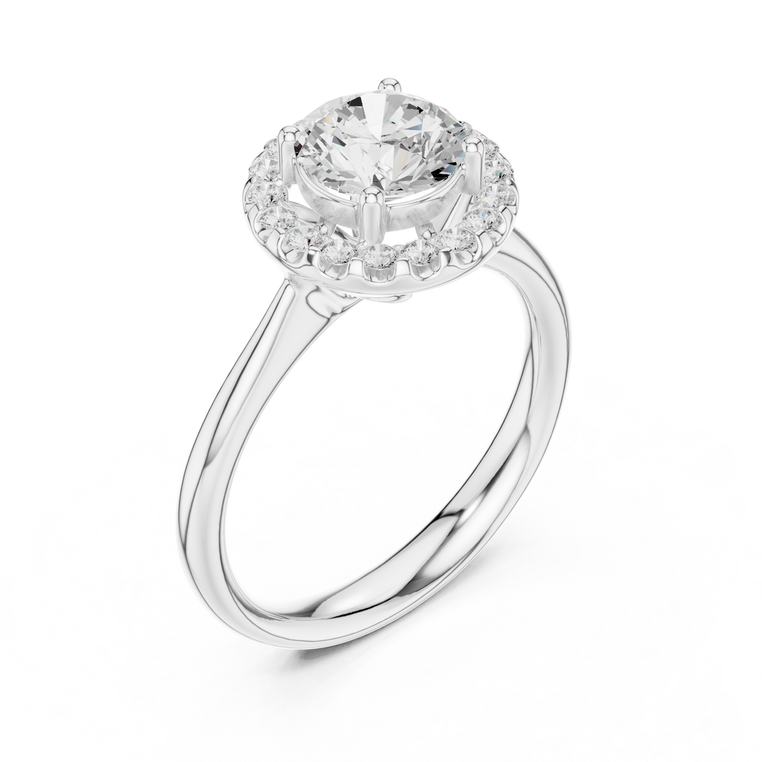 Beautiful white gold halo engagement ring featuring sparkling center diamond with pavé side stones.