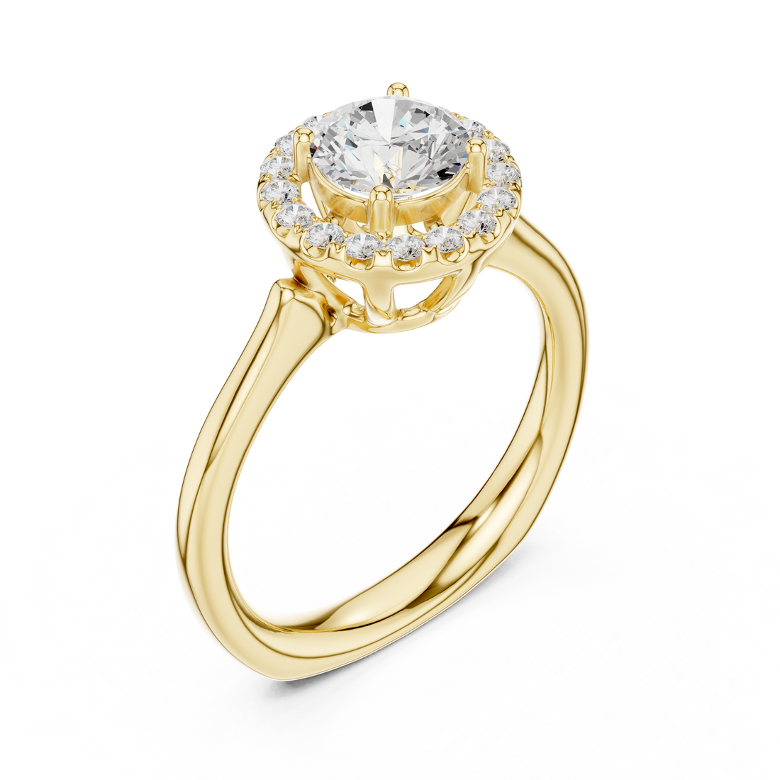 Classic halo cocktail ring featuring large central gemstone.