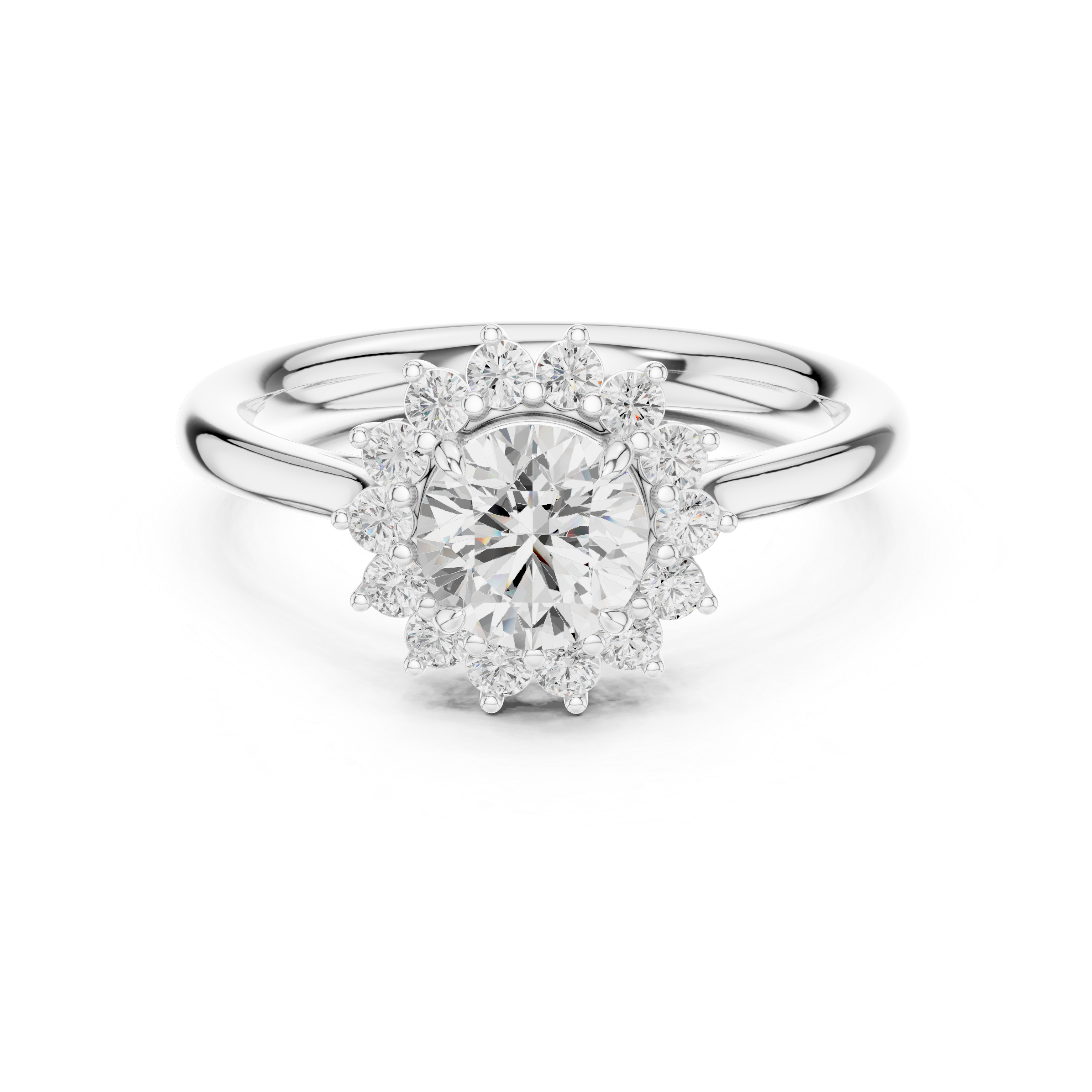 Classic halo cocktail ring featuring large central gemstone.