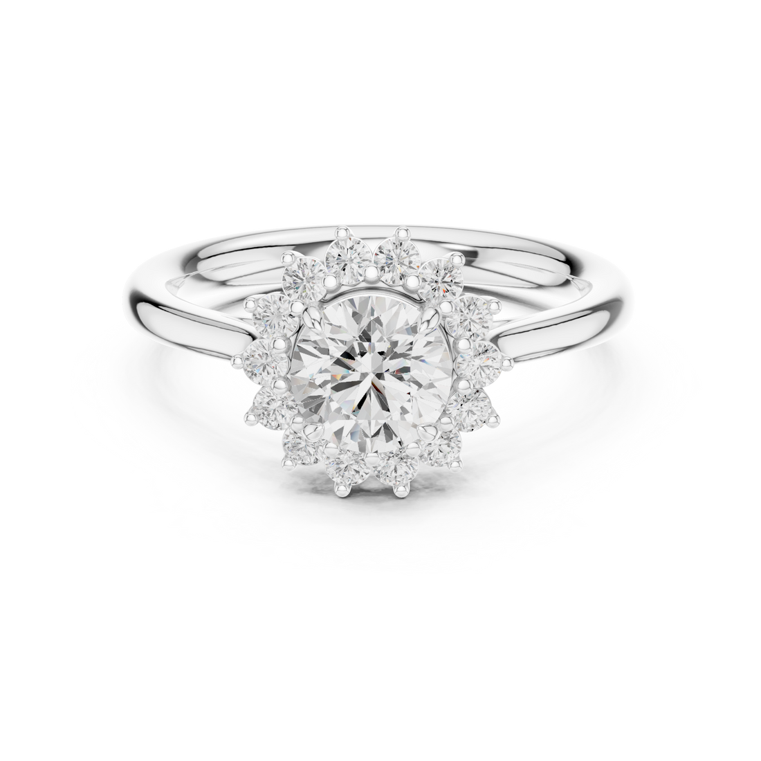 Classic halo cocktail ring featuring large central gemstone.
