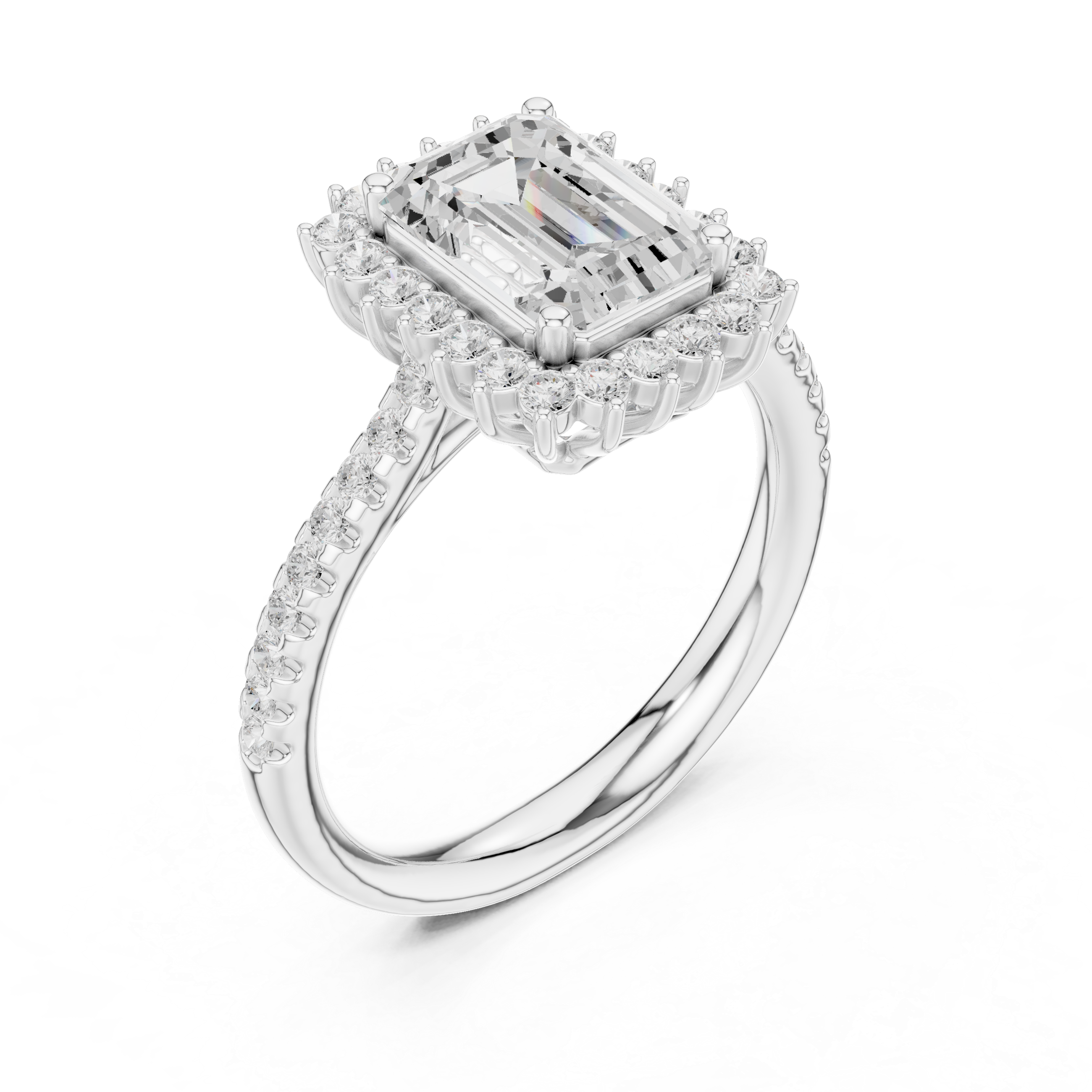 Emerald Cut Halo Diamond Engagement Ring with Pavé Band