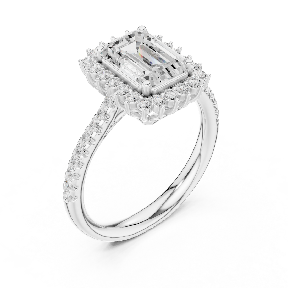 Emerald Cut Halo Diamond Engagement Ring with Pavé Band