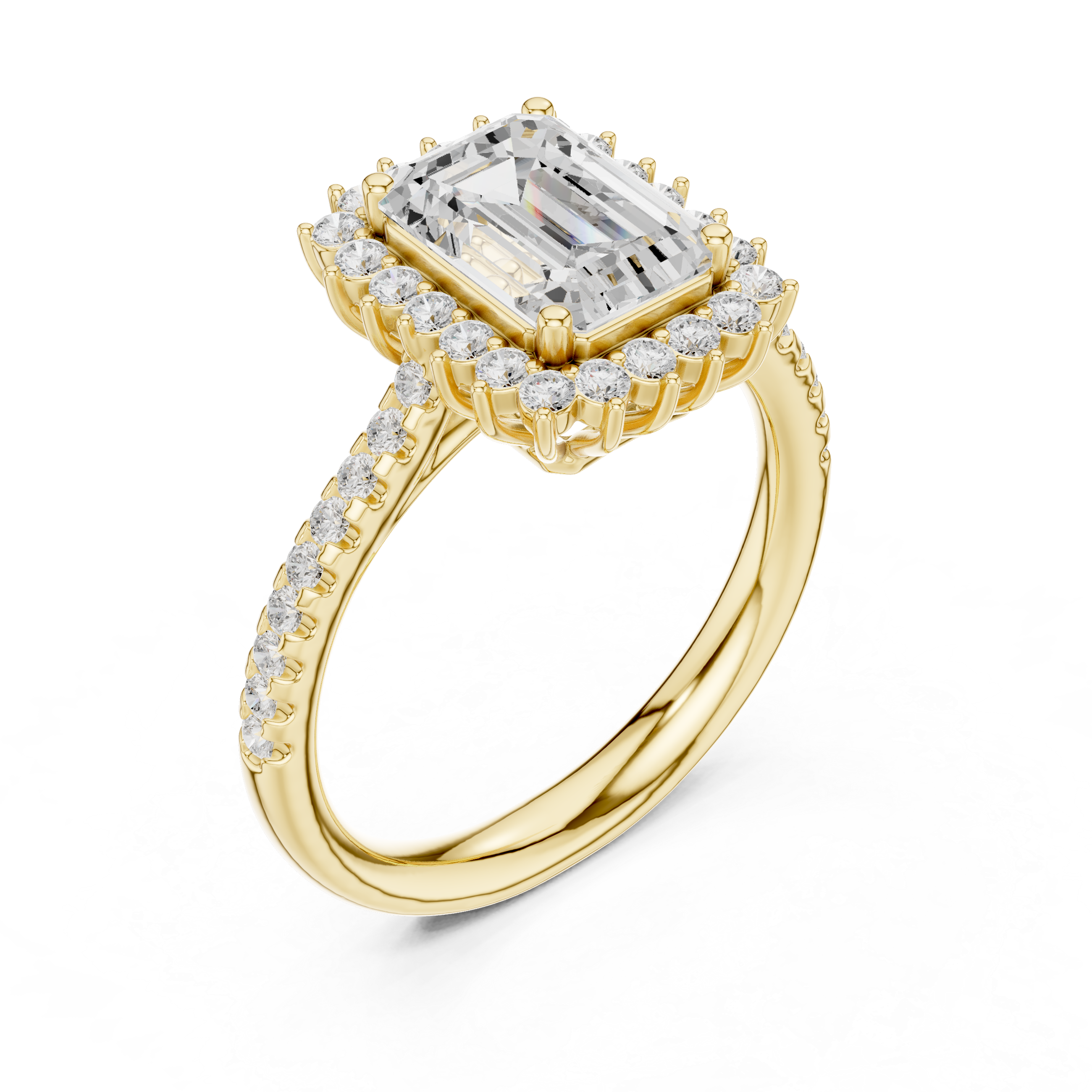 Emerald Cut Halo Diamond Engagement Ring with Pavé Band