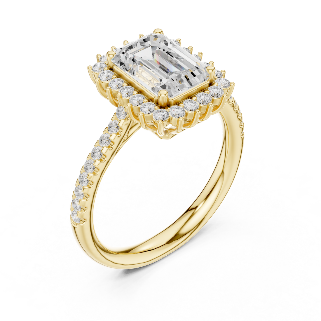 Emerald Cut Halo Diamond Engagement Ring with Pavé Band