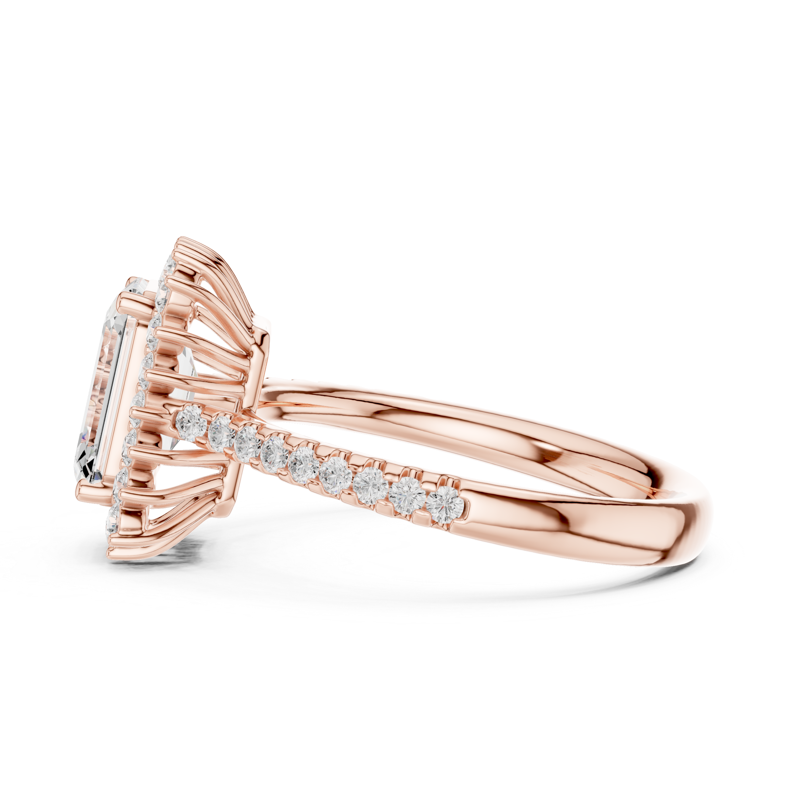 Emerald Cut Halo Diamond Engagement Ring with Pavé Band