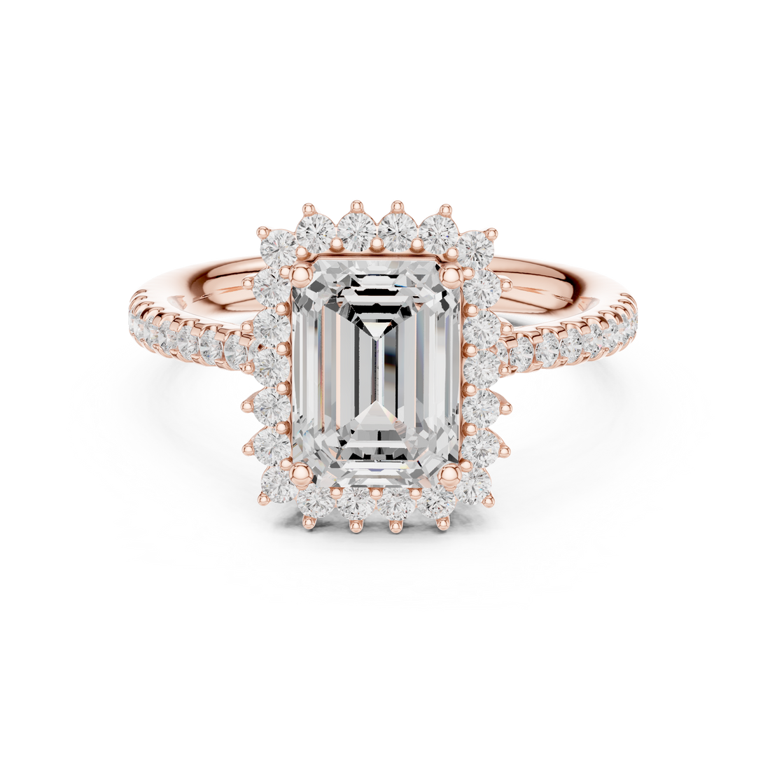 Emerald Cut Halo Diamond Engagement Ring with Pavé Band