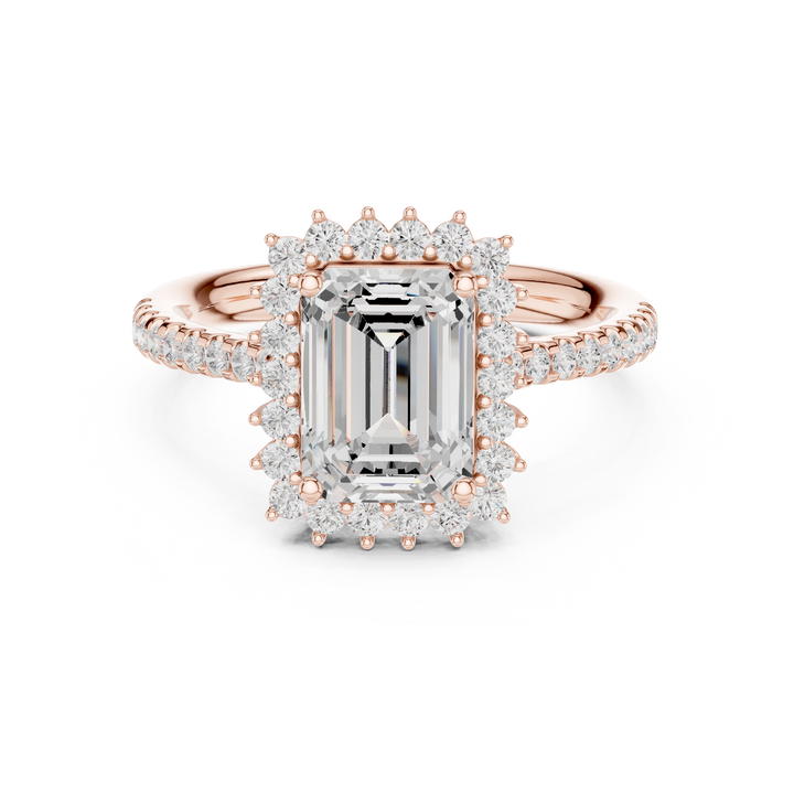 Emerald Cut Halo Diamond Engagement Ring with Pavé Band