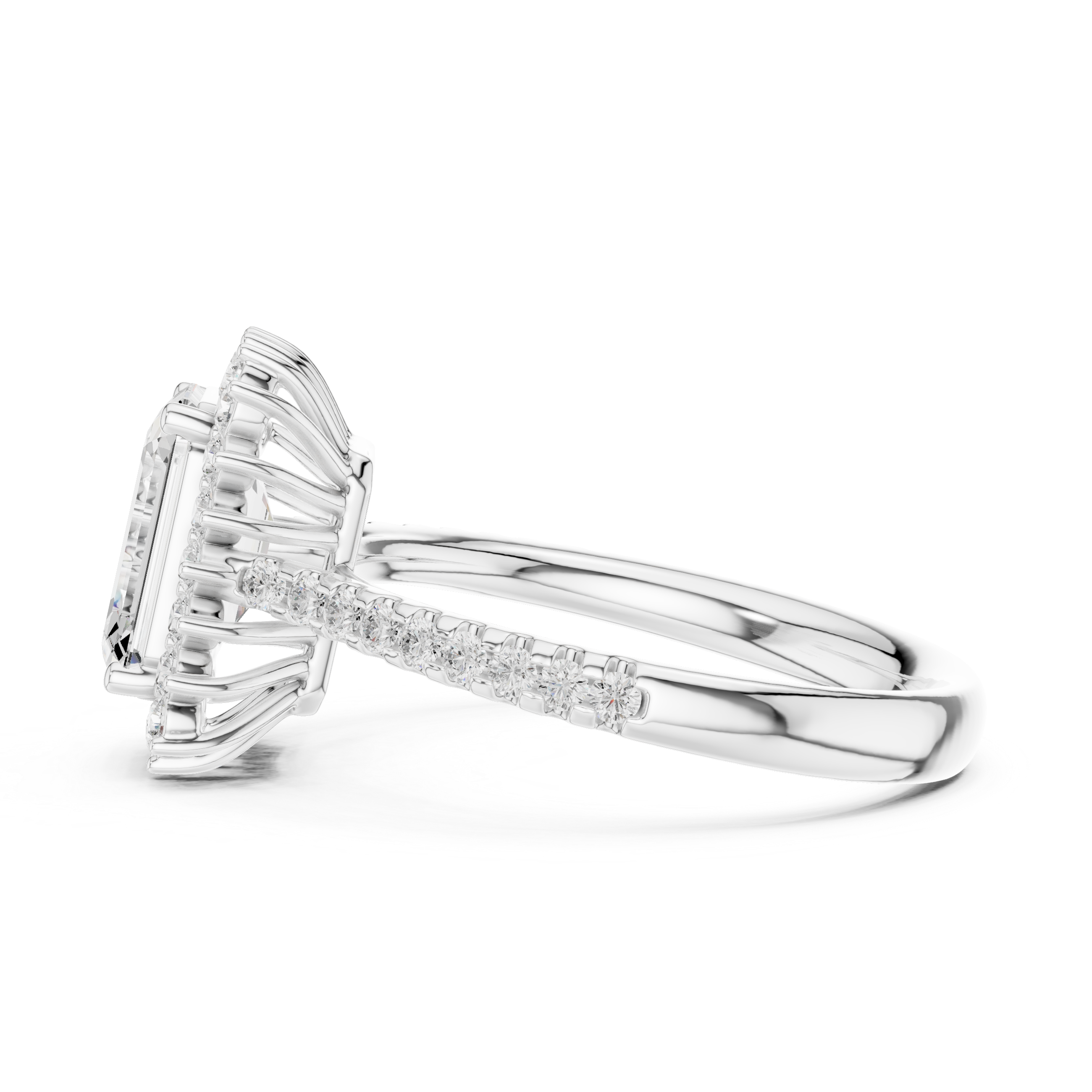 Emerald Cut Halo Diamond Engagement Ring with Pavé Band