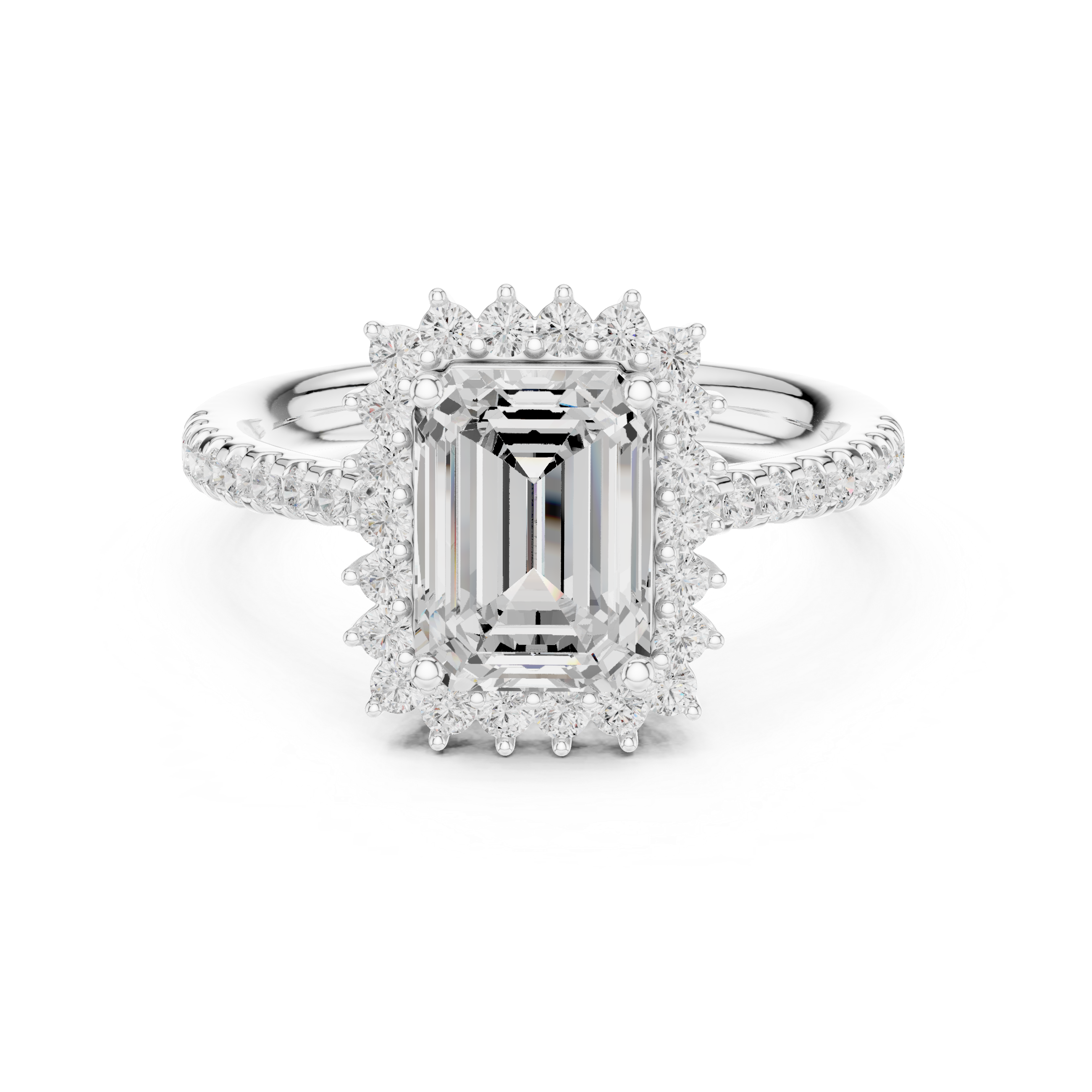 Emerald Cut Halo Diamond Engagement Ring with Pavé Band