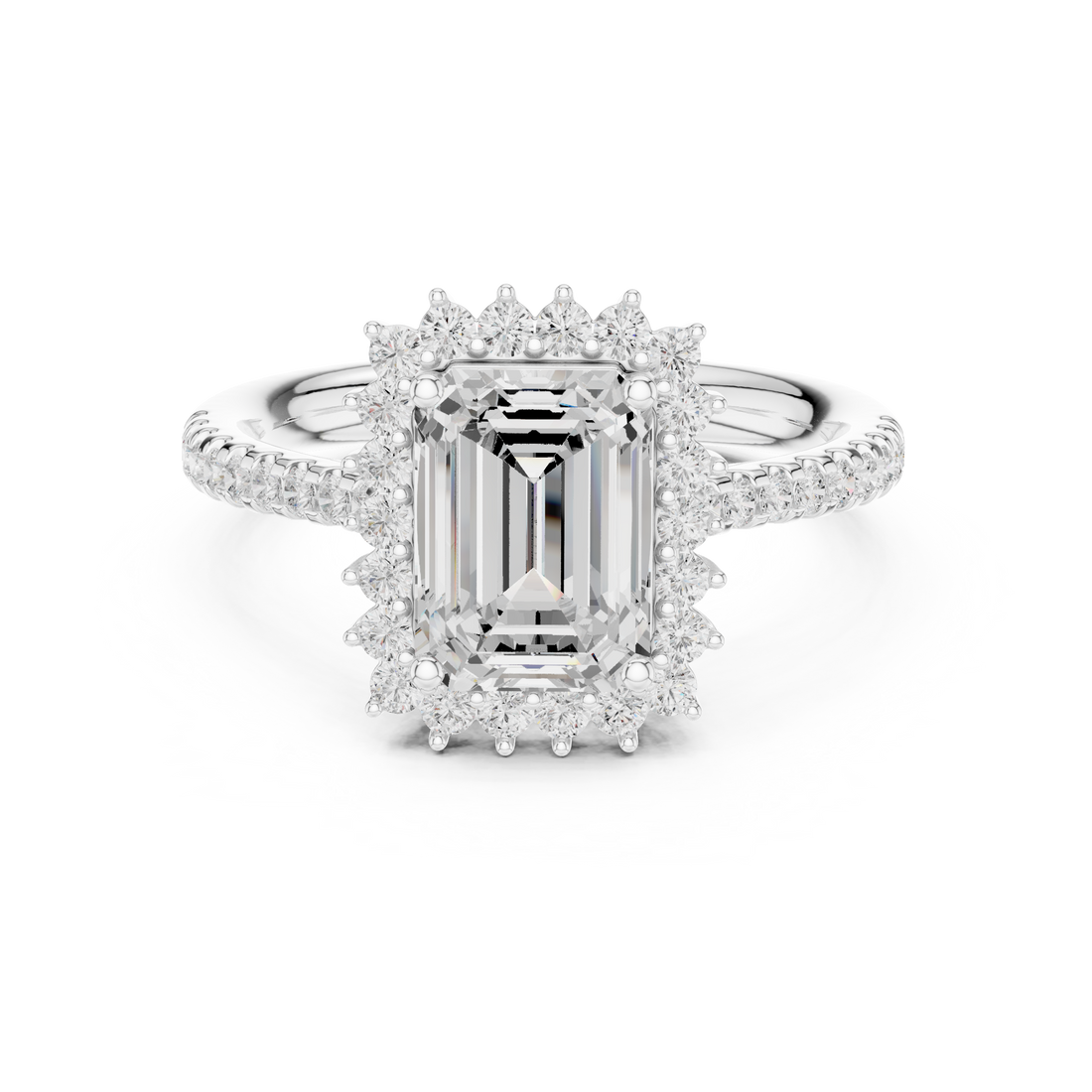 Emerald Cut Halo Diamond Engagement Ring with Pavé Band