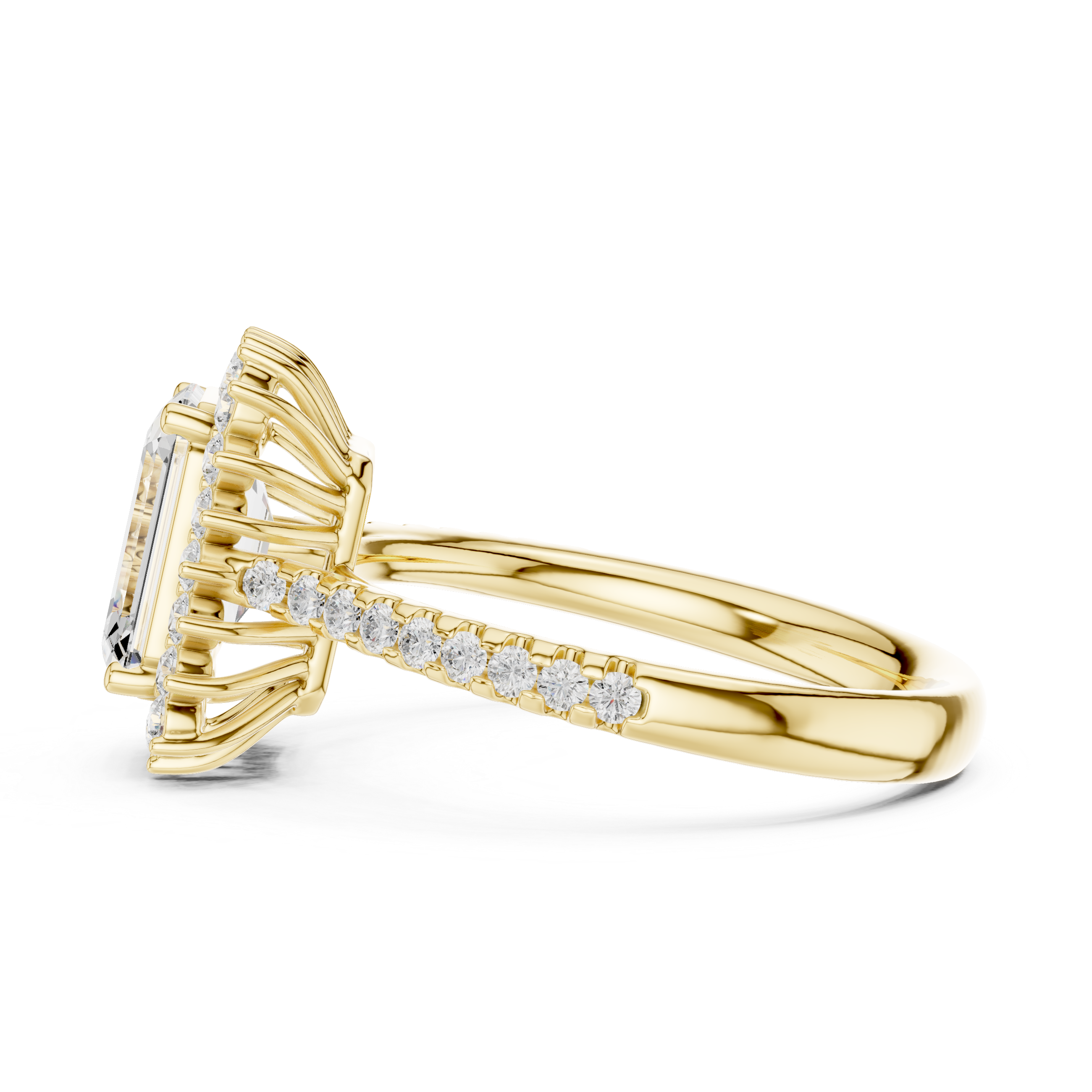 Emerald Cut Halo Diamond Engagement Ring with Pavé Band