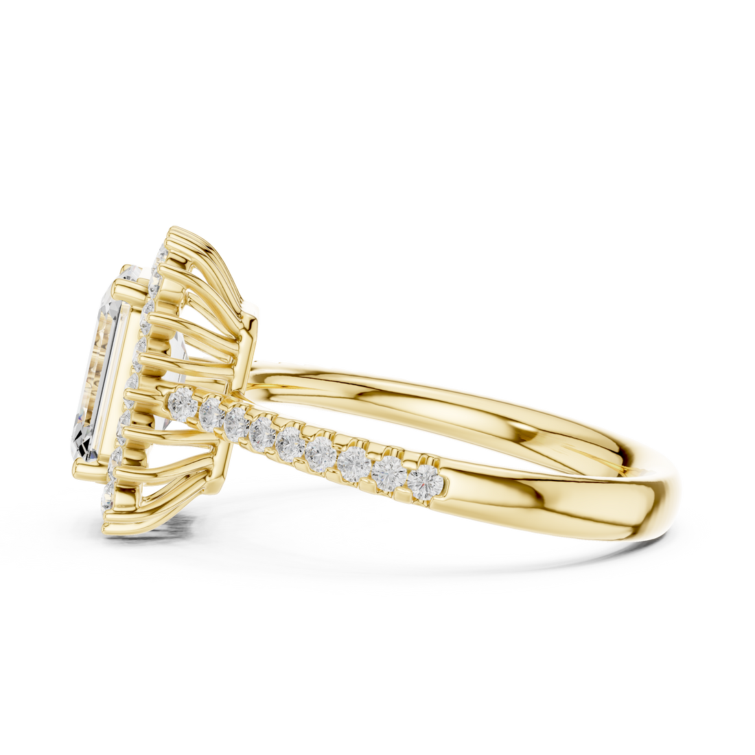 Emerald Cut Halo Diamond Engagement Ring with Pavé Band