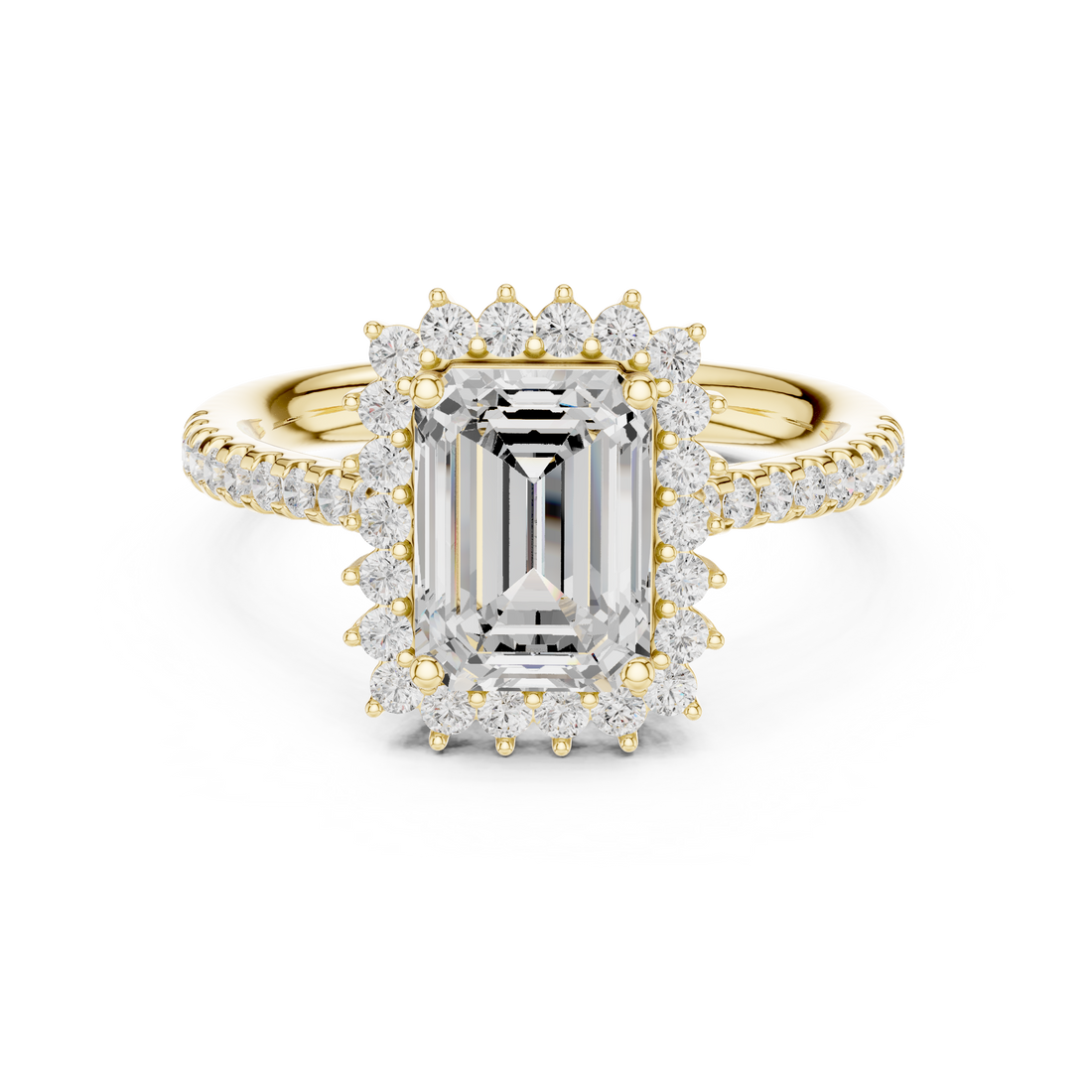 Emerald Cut Halo Diamond Engagement Ring with Pavé Band