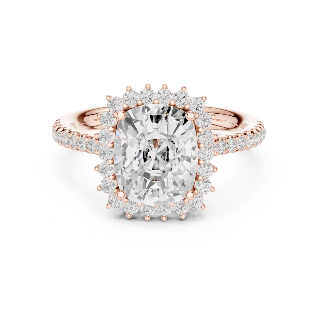 Cushion Cut Diamond Halo Engagement Ring with Pavé Band