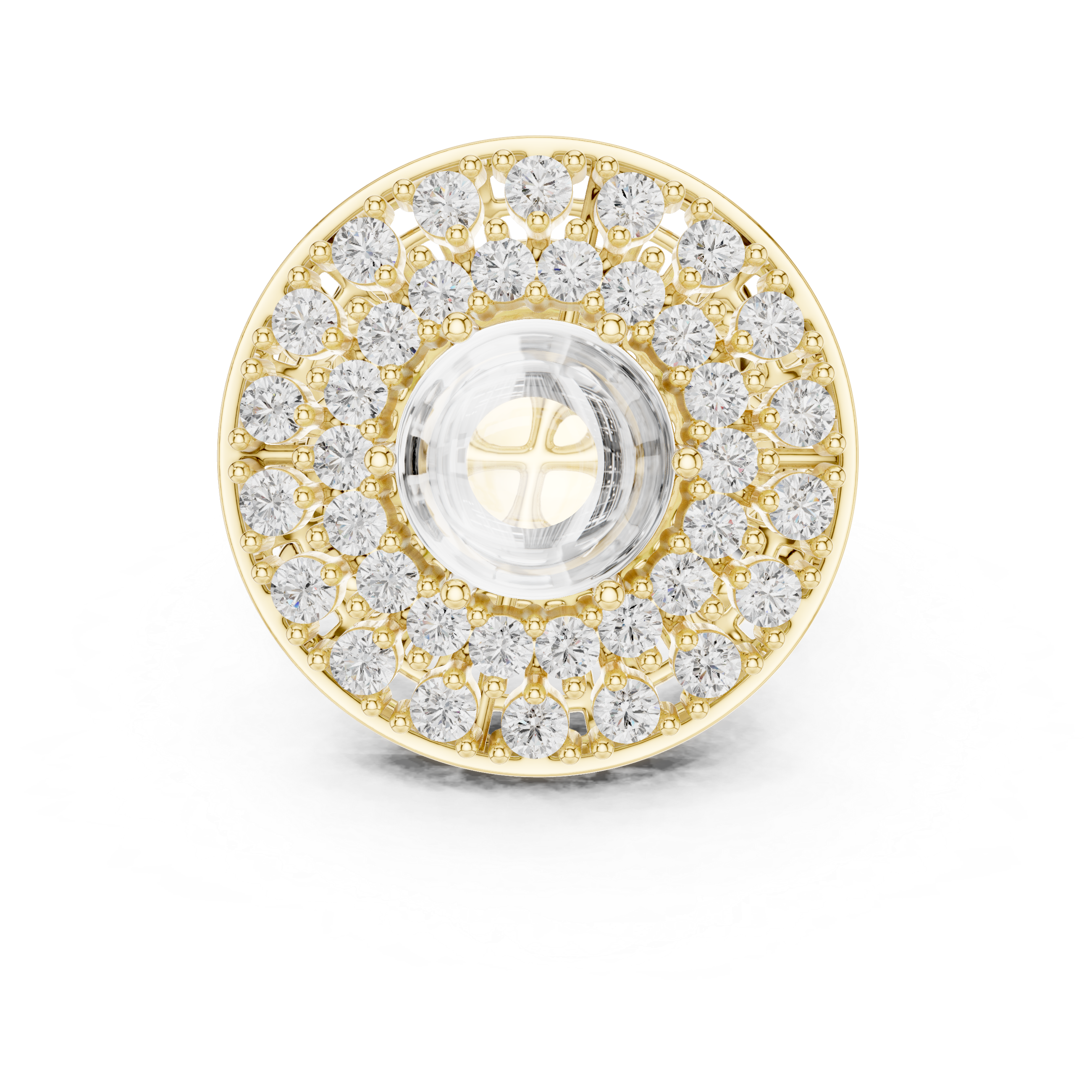 Classic halo cocktail ring featuring large central gemstone.