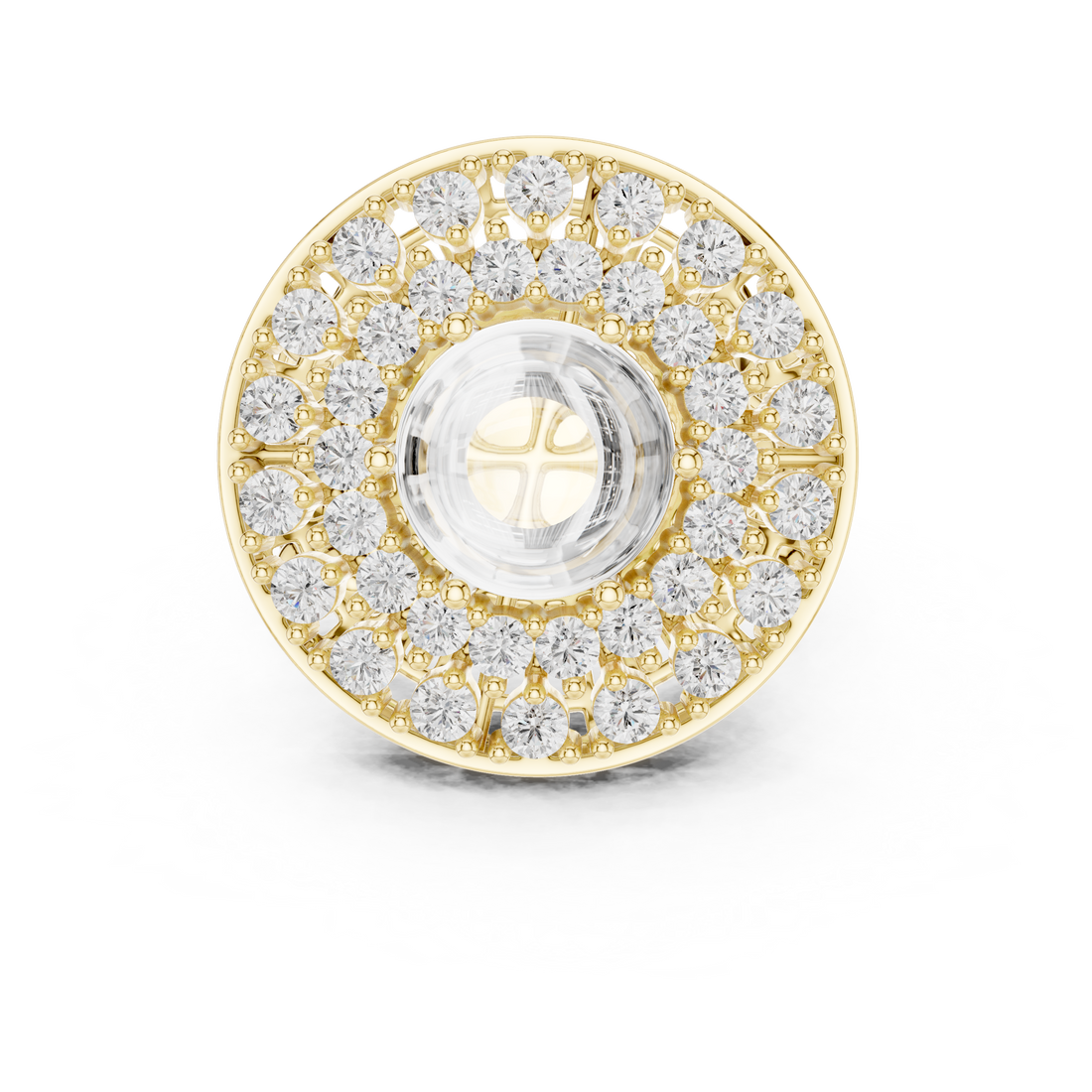 Classic halo cocktail ring featuring large central gemstone.
