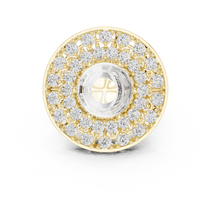 Classic halo cocktail ring featuring large central gemstone.