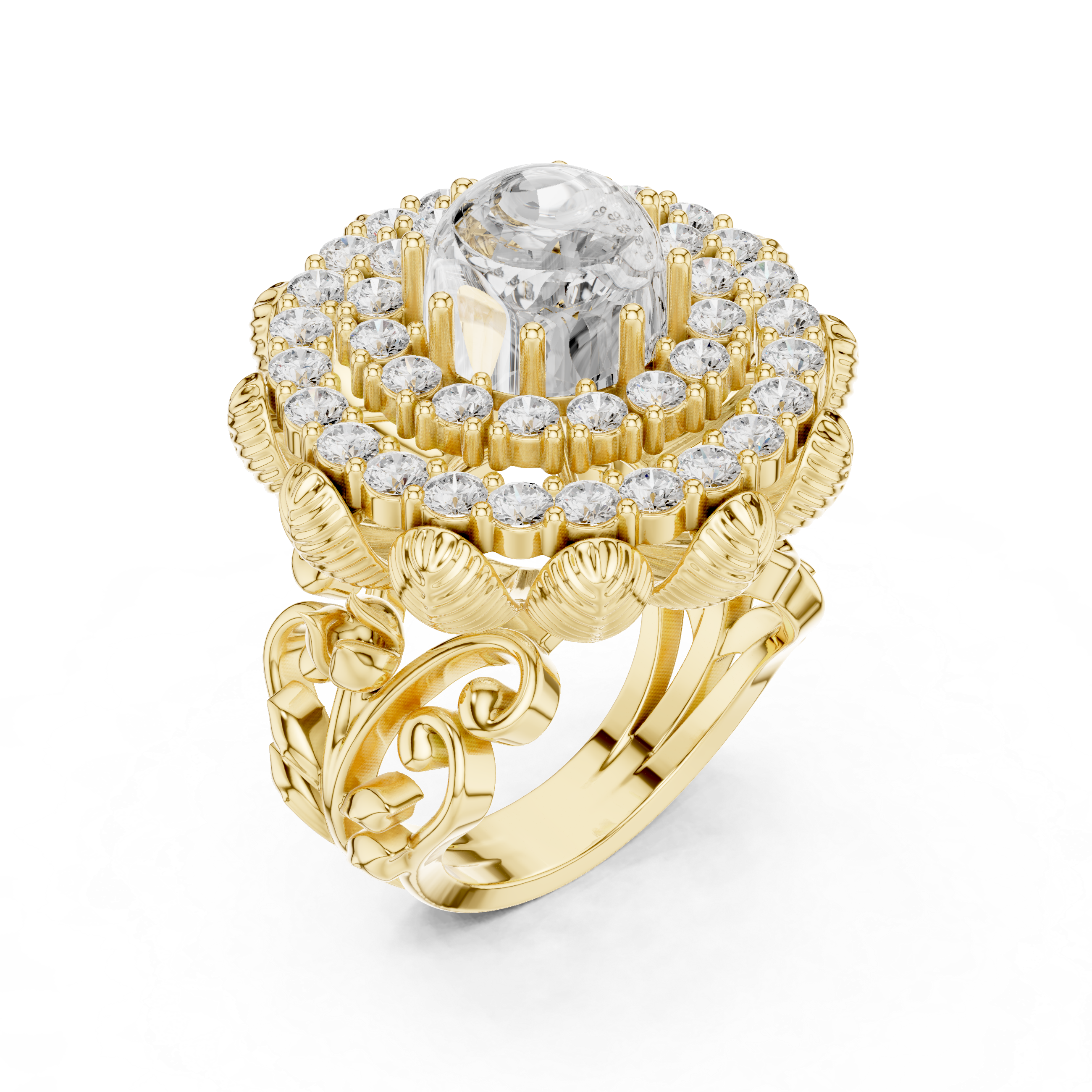 Luxury cluster diamond ring featuring multiple small stones forming dazzling centerpiece.