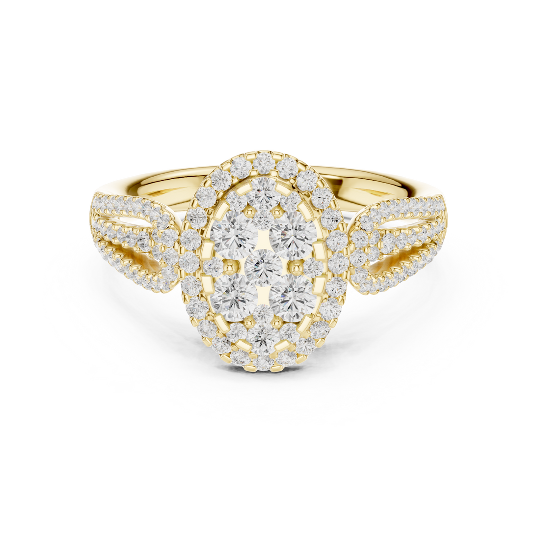 Classic halo cocktail ring featuring large central gemstone.