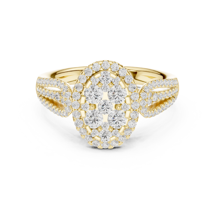 Classic halo cocktail ring featuring large central gemstone.