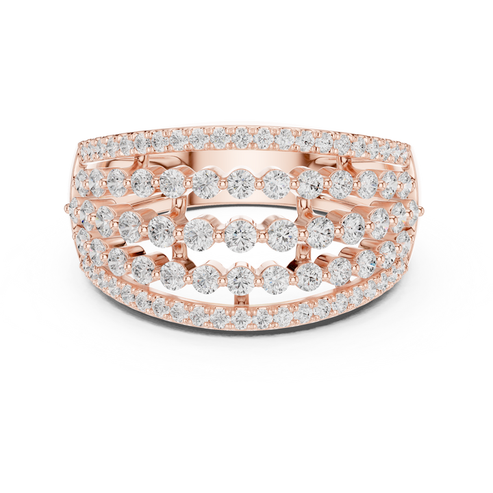 Stylish multi-band ring featuring layered metal structure.