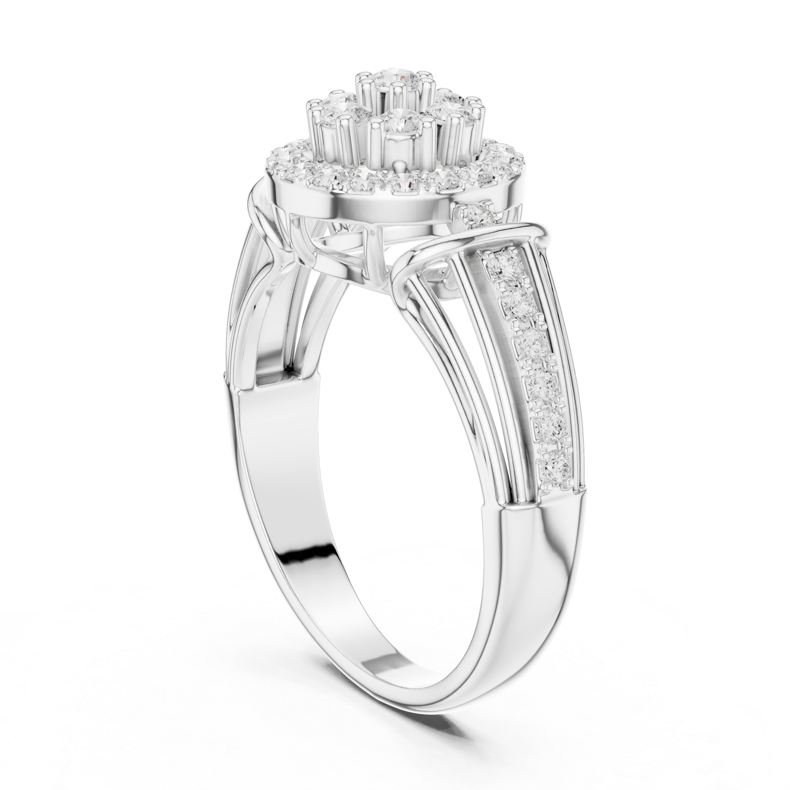 Classic cushion-cut diamond ring with vintage-inspired halo setting and sparkling accents.