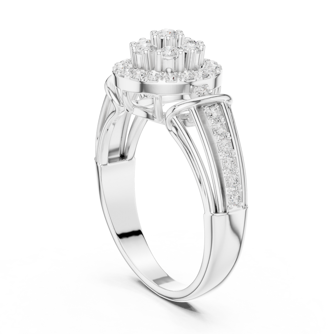 Classic cushion-cut diamond ring with vintage-inspired halo setting and sparkling accents.