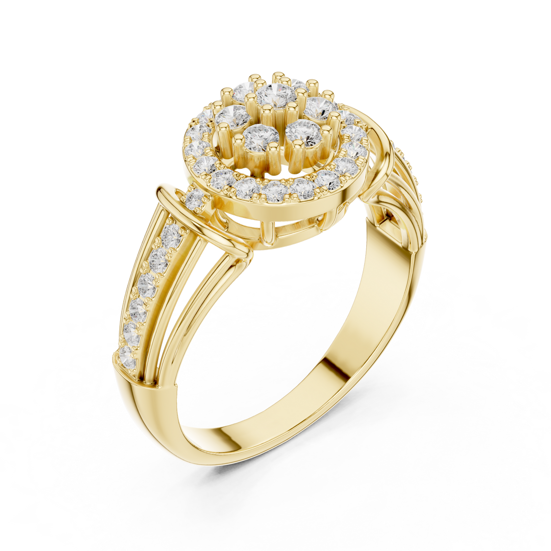 Luxury cluster diamond ring featuring multiple small stones forming dazzling centerpiece.
