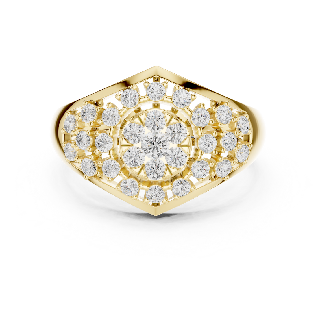 Classic halo cocktail ring featuring large central gemstone.