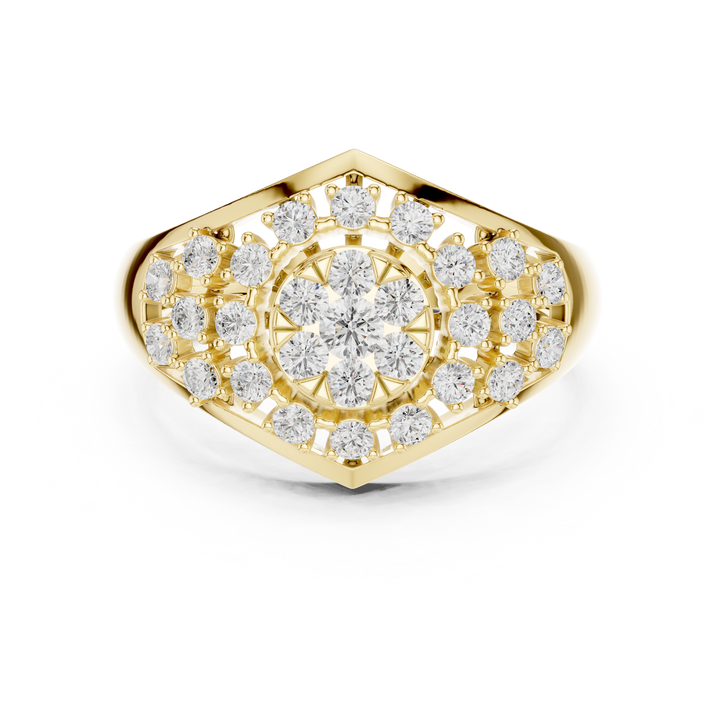 Classic halo cocktail ring featuring large central gemstone.