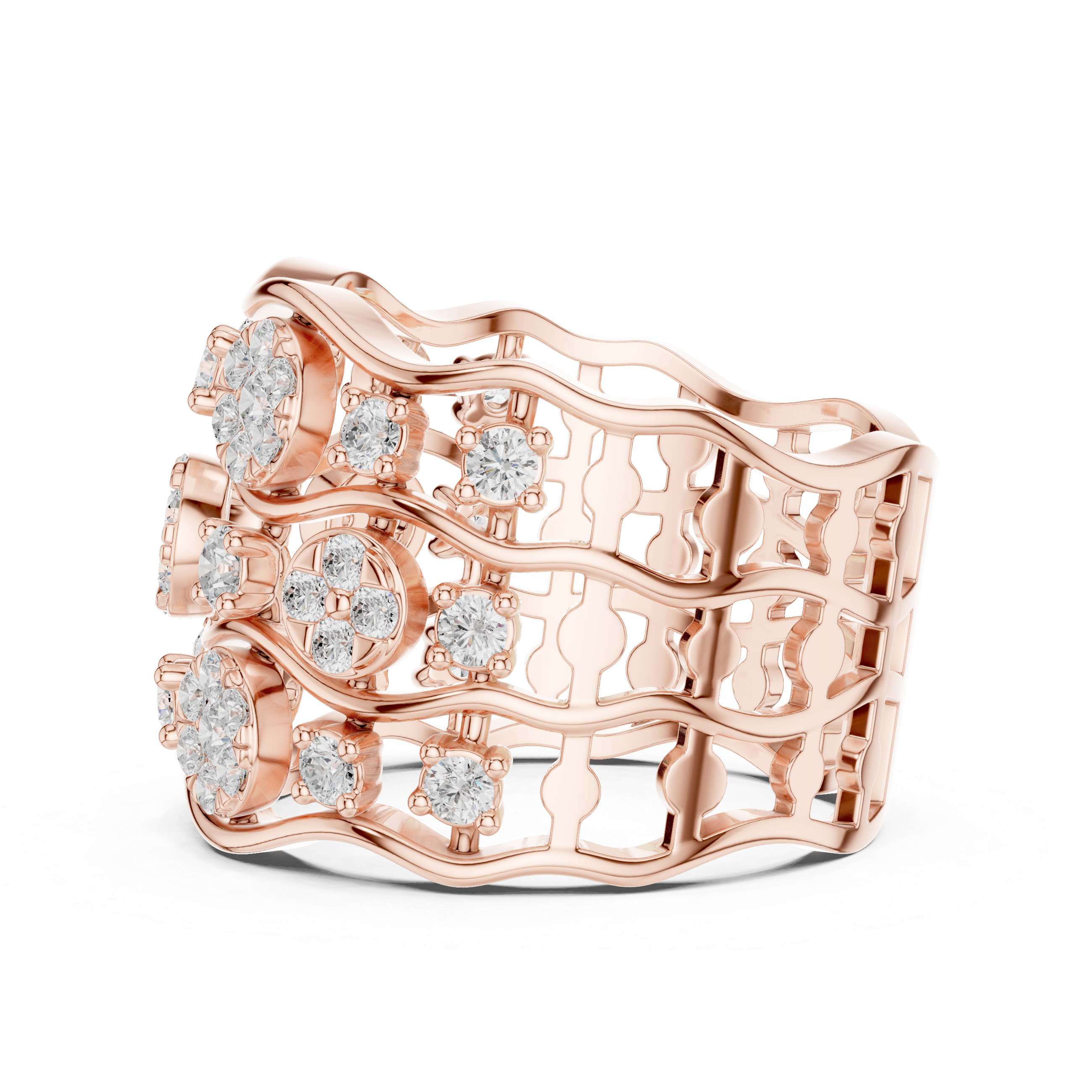 Luxury cluster diamond ring featuring multiple small stones forming dazzling centerpiece.