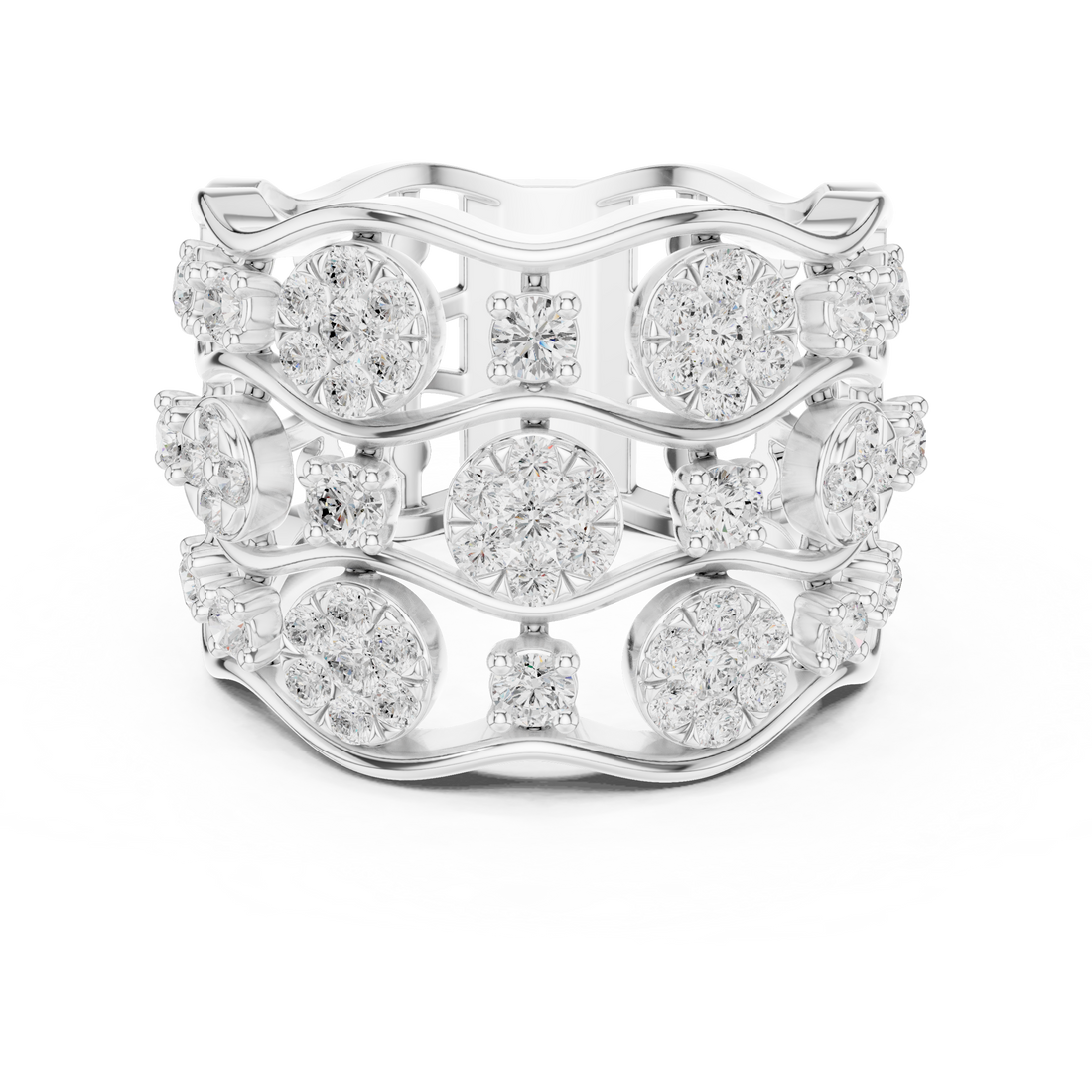 Elegant eternity ring featuring continuous circle of diamonds around the band.