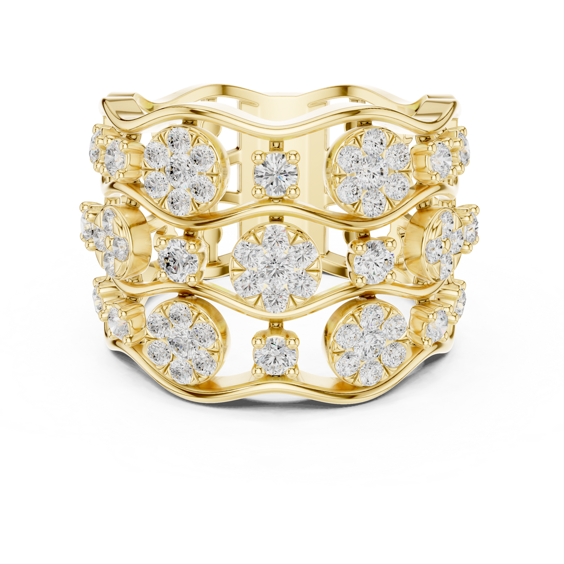 Designer floral diamond ring inspired by blooming flower patterns.