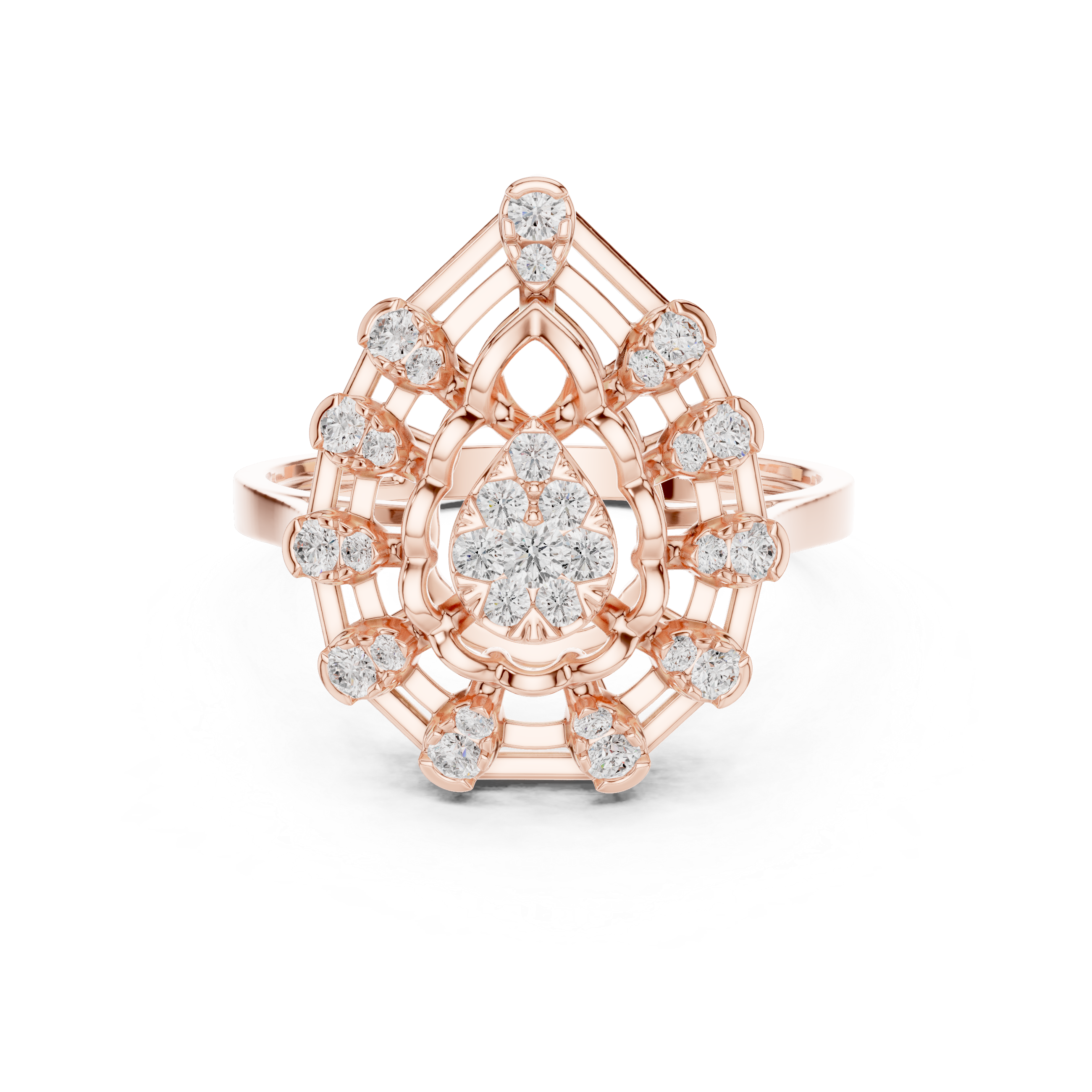 Classic halo cocktail ring featuring large central gemstone.