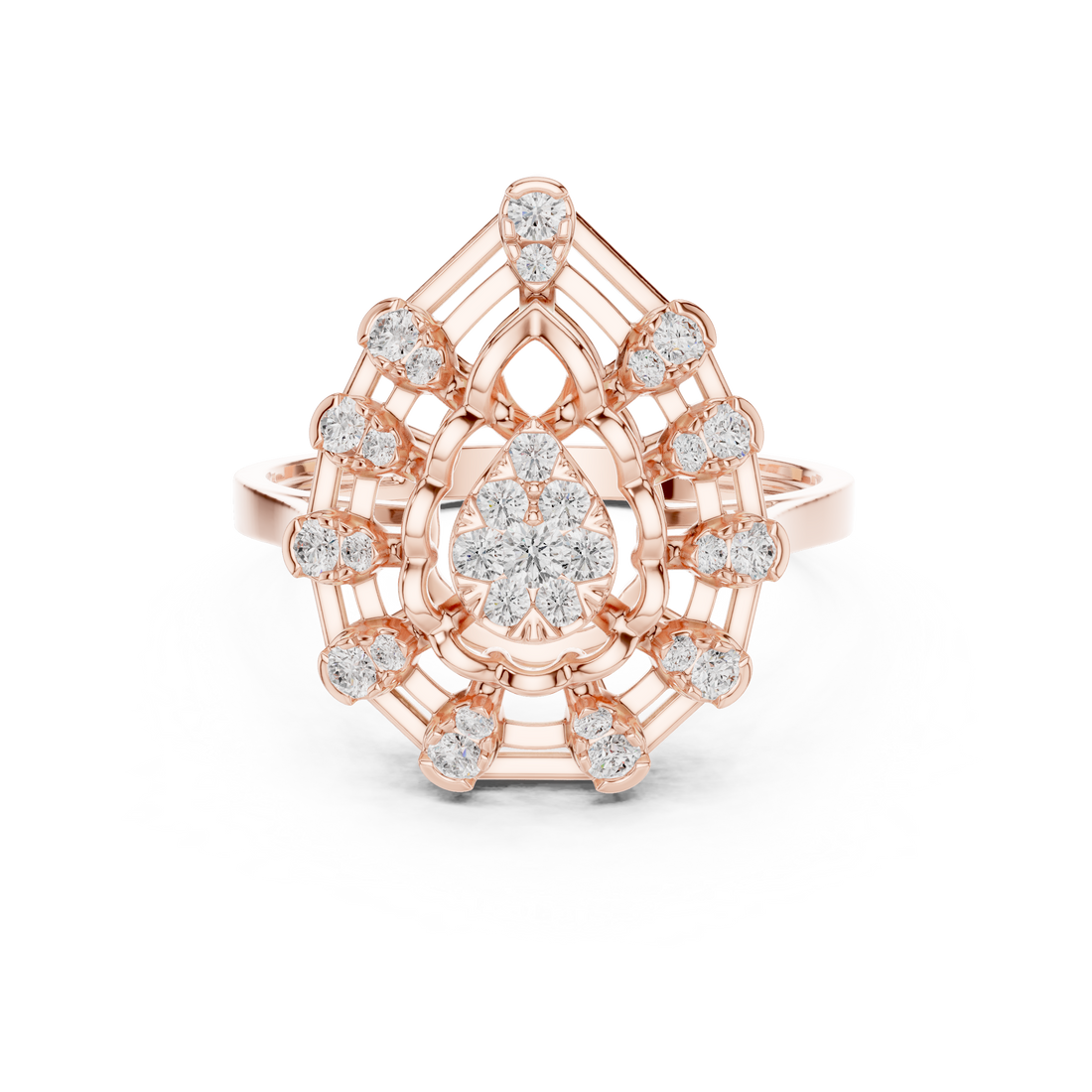 Classic halo cocktail ring featuring large central gemstone.