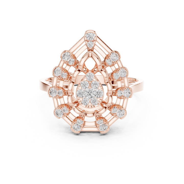 Classic halo cocktail ring featuring large central gemstone.
