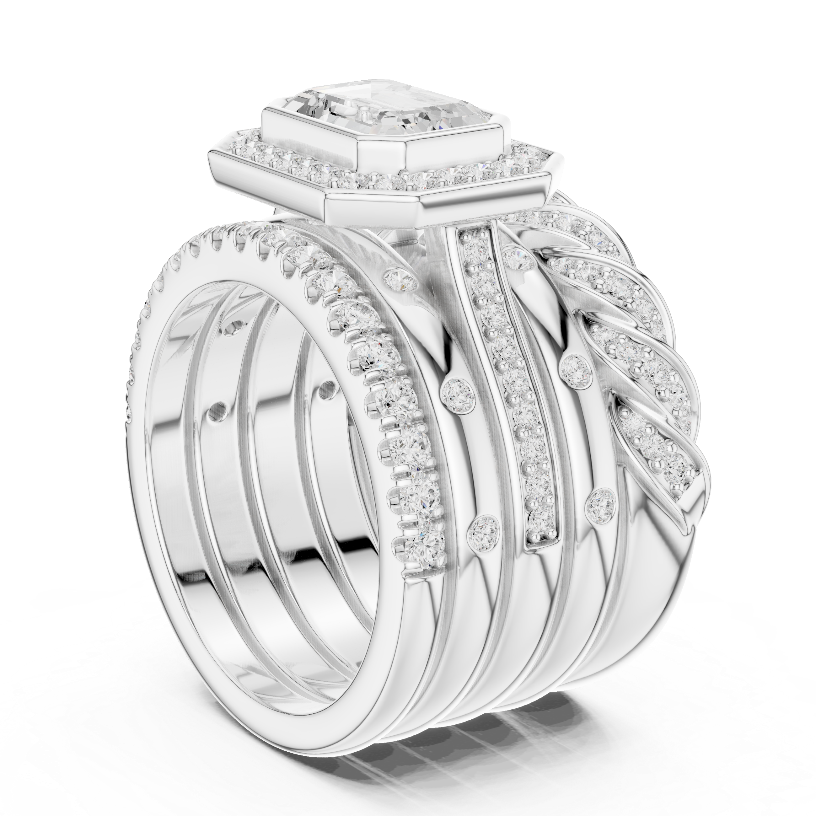 Designer men's gemstone ring featuring bold rectangular stone centerpiece.