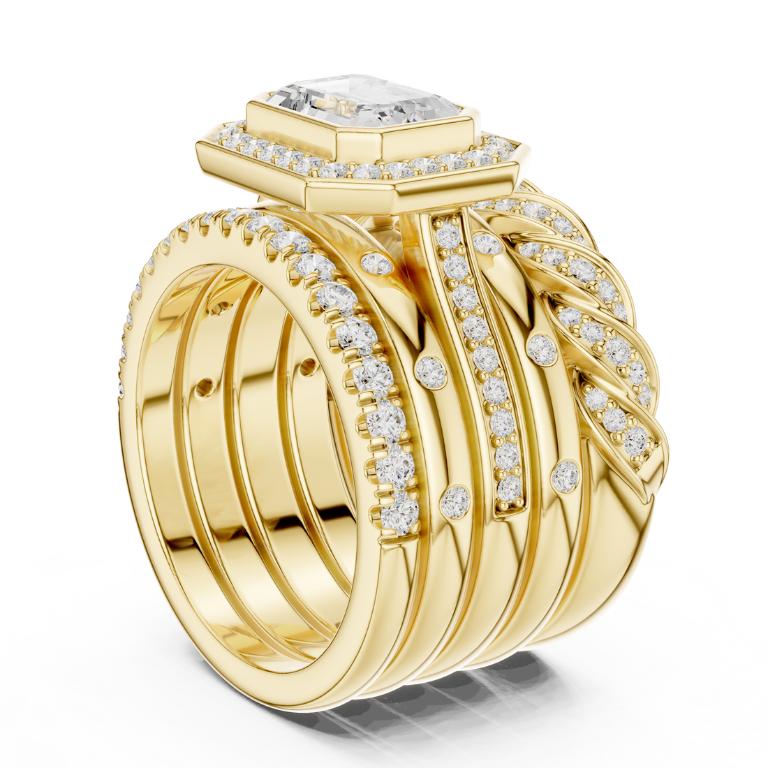 Luxury men's diamond band featuring row of sparkling stones.