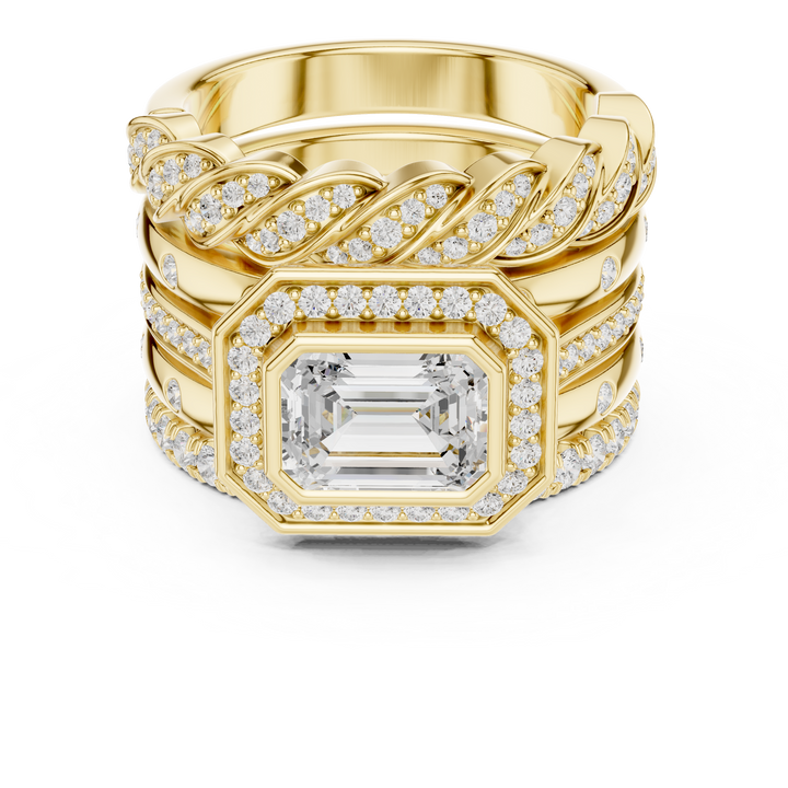 Emerald Cut Diamond Halo Multi Band Engagement Ring