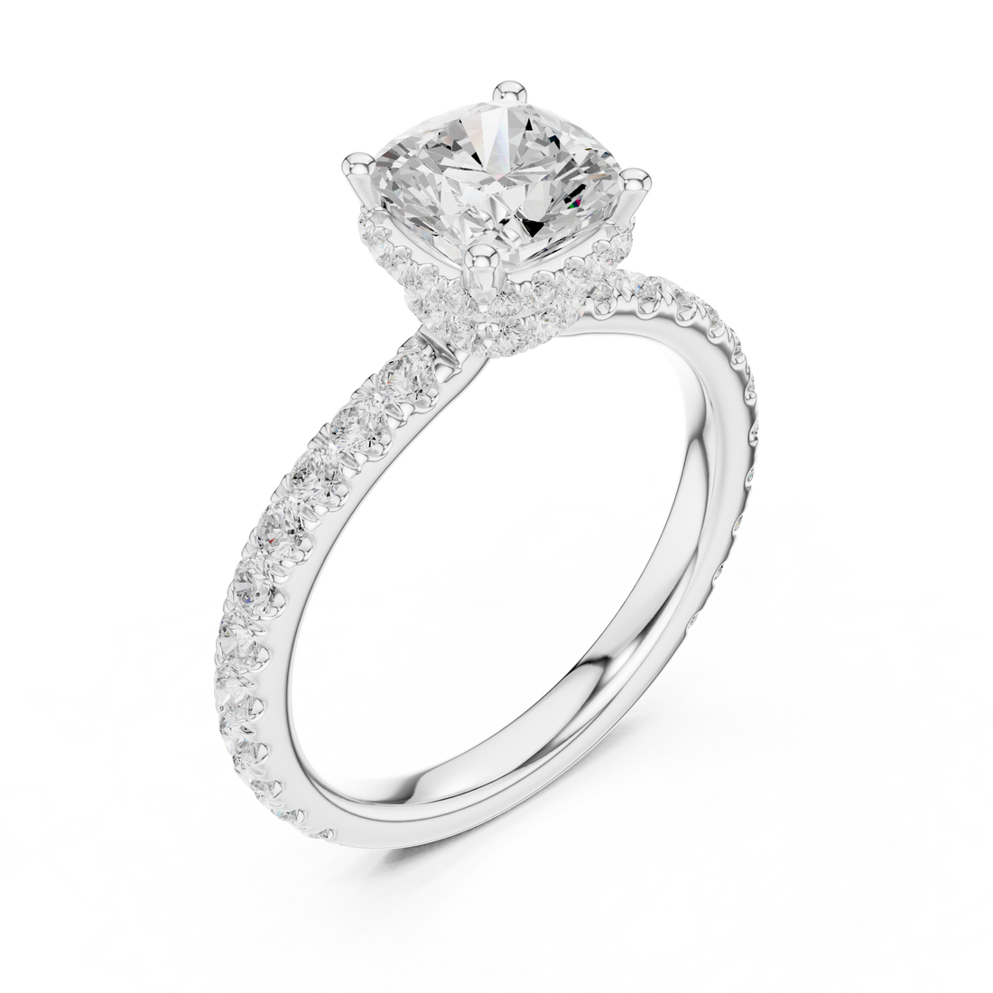 Classic cushion-cut diamond ring with vintage-inspired halo setting and sparkling accents.