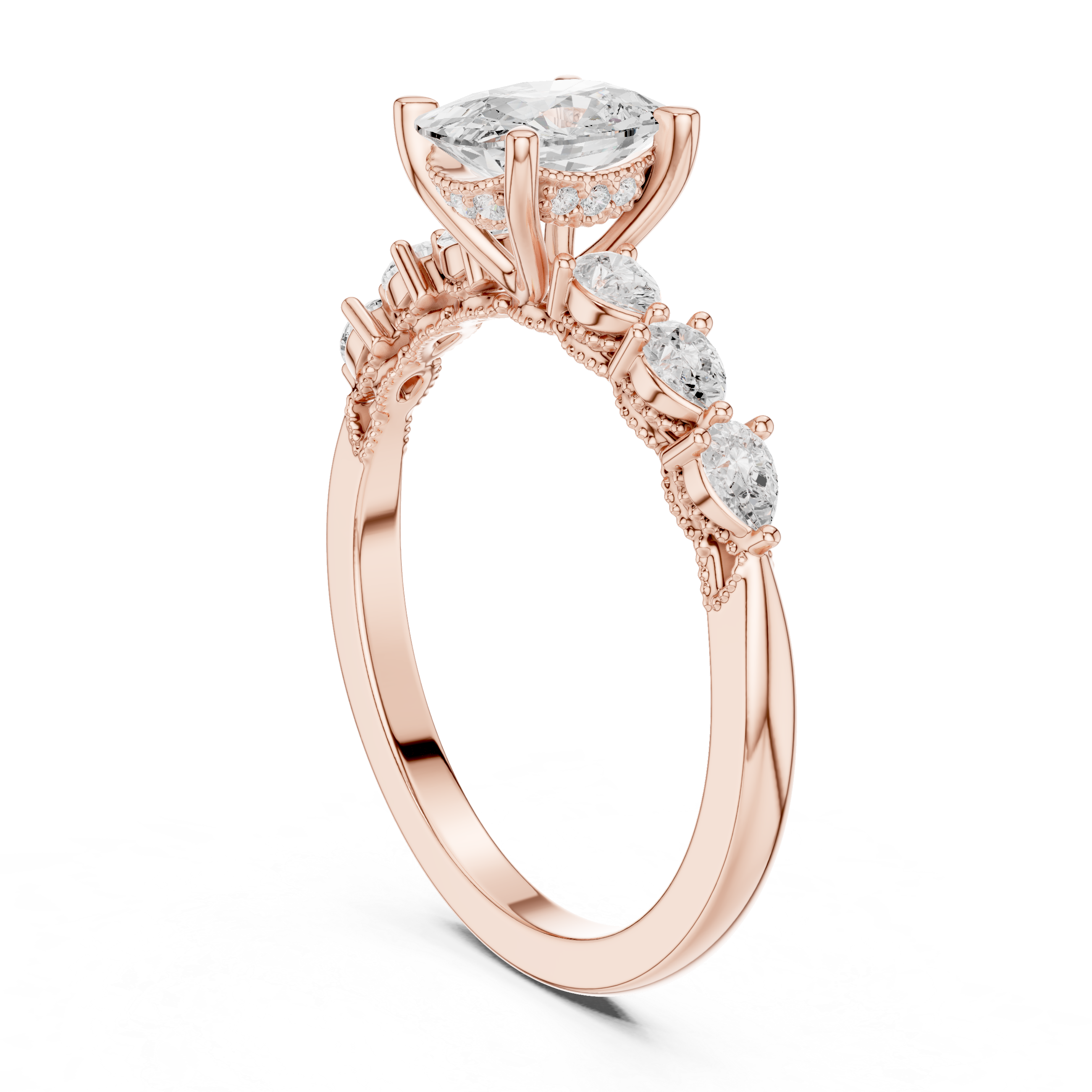 Cushion Cut Diamond Ring with Pear Side Stones and Milgrain Detail