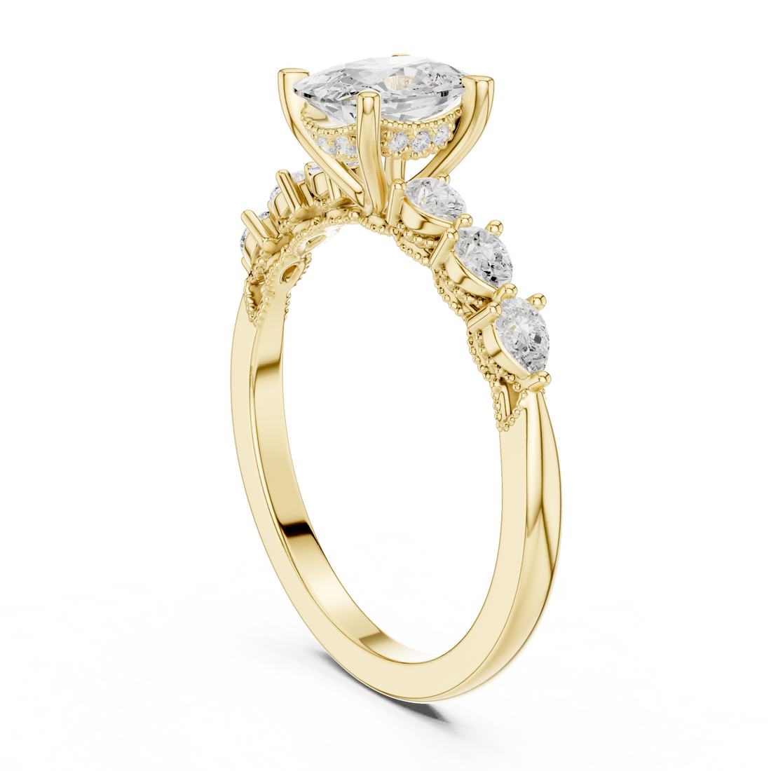 Cushion Cut Diamond Ring with Pear Side Stones and Milgrain Detail