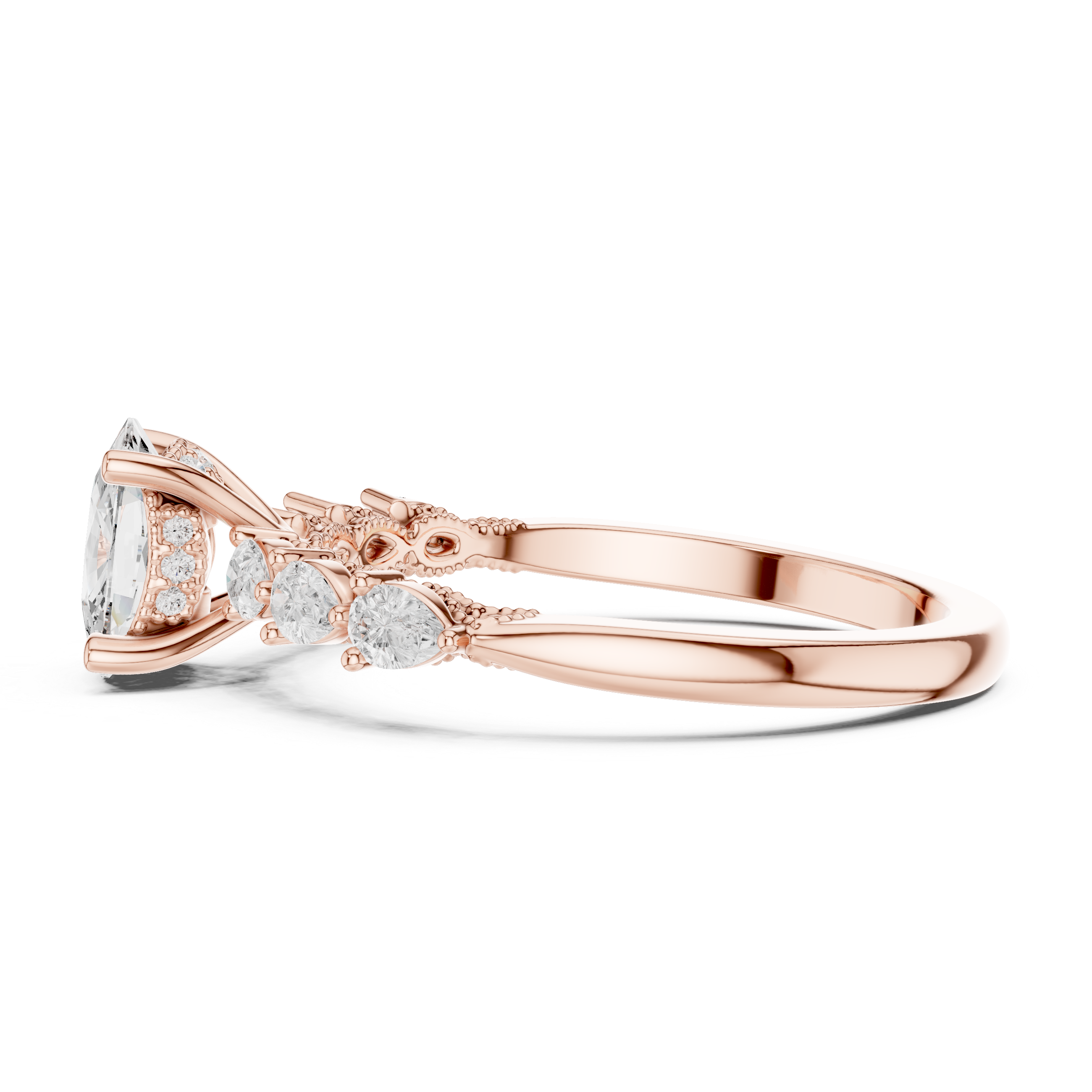 Cushion Cut Diamond Ring with Pear Side Stones and Milgrain Detail