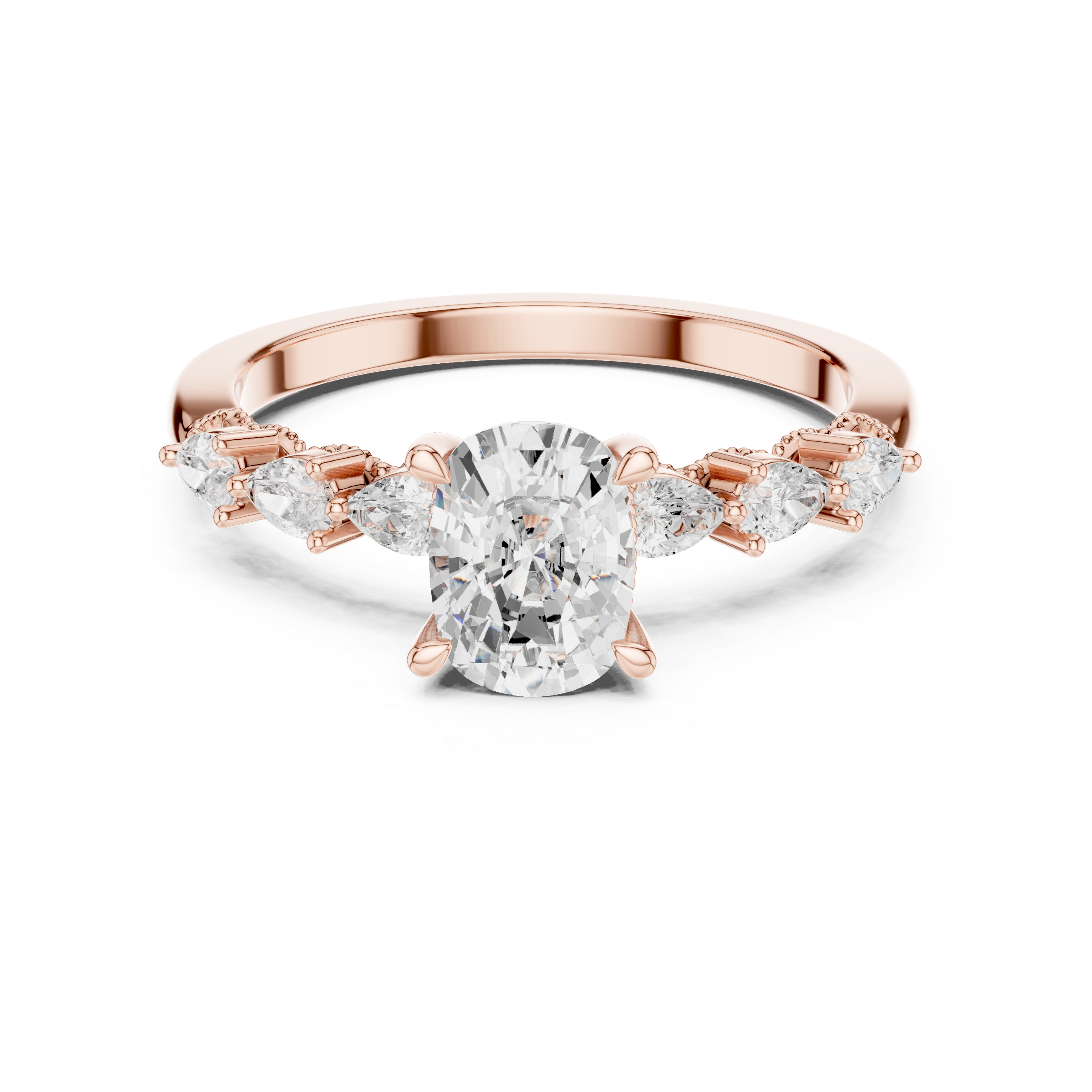 Cushion Cut Diamond Ring with Pear Side Stones and Milgrain Detail